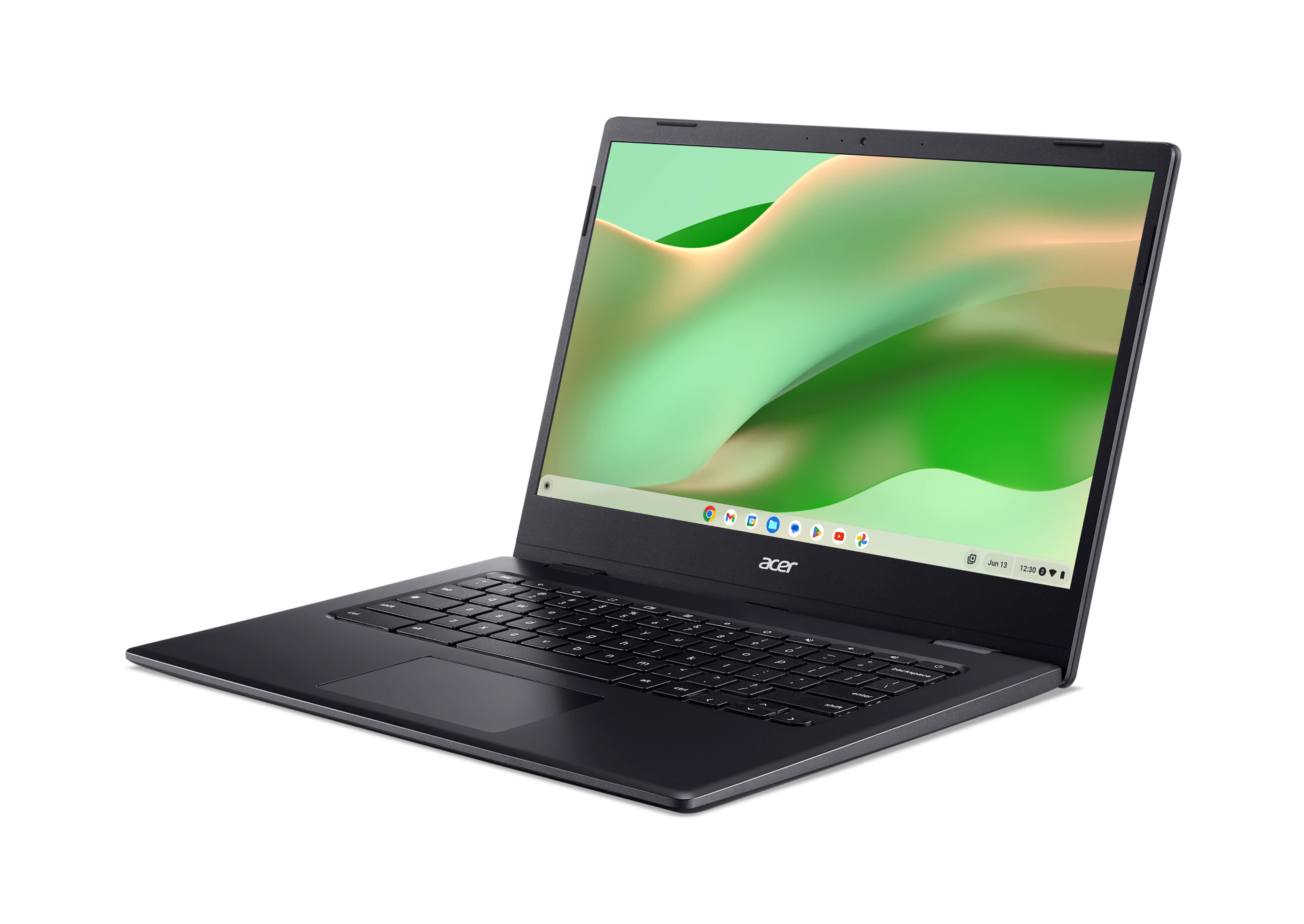Un computer portatile Acer Chromebook nero su sfondo bianco mostra uno sfondo astratto verde.
