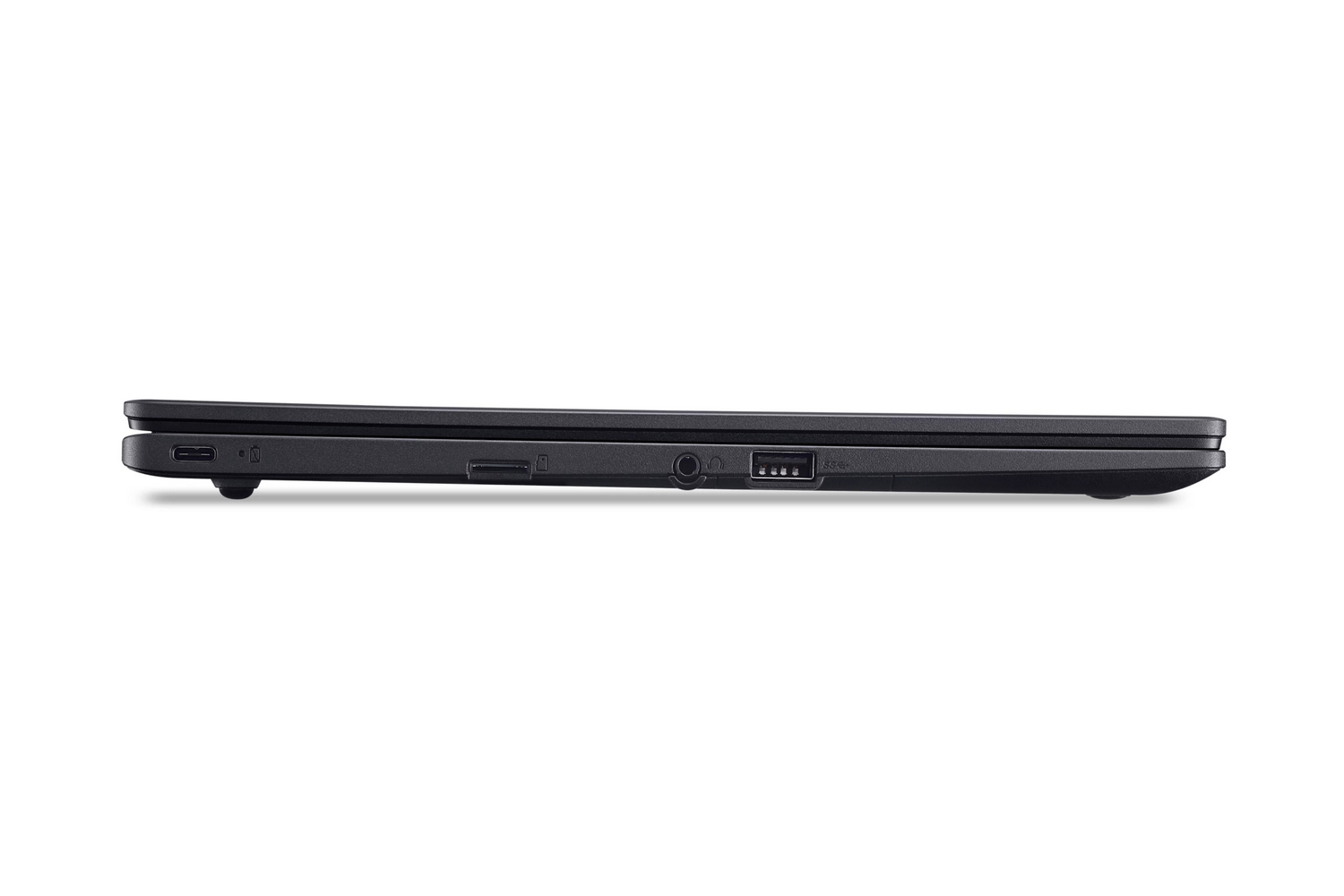 Profilo laterale di un laptop chiuso con porte USB-C, audio e USB.