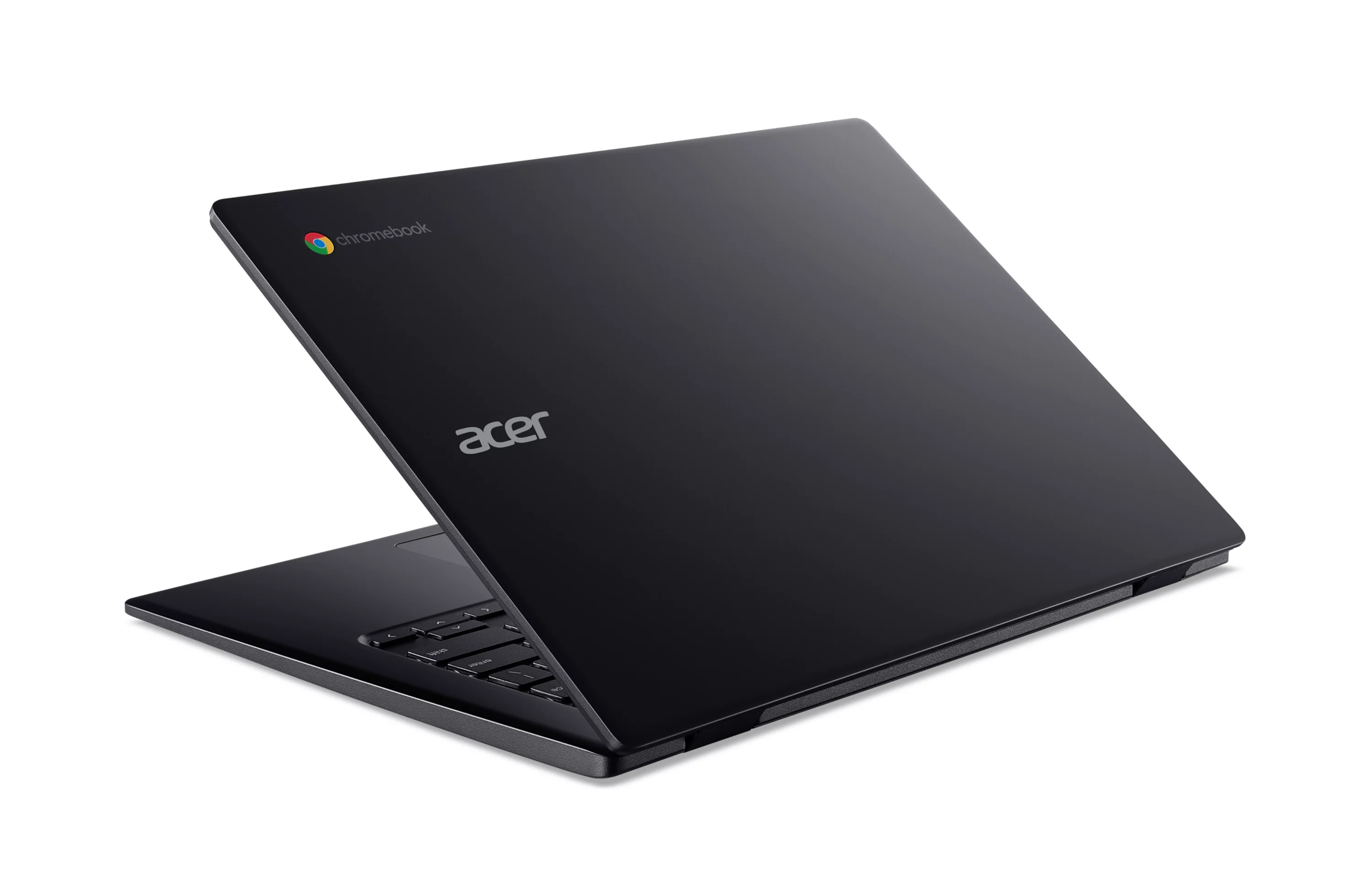 Un computer portatile Acer Chromebook nero è mostrato leggermente aperto su sfondo bianco.