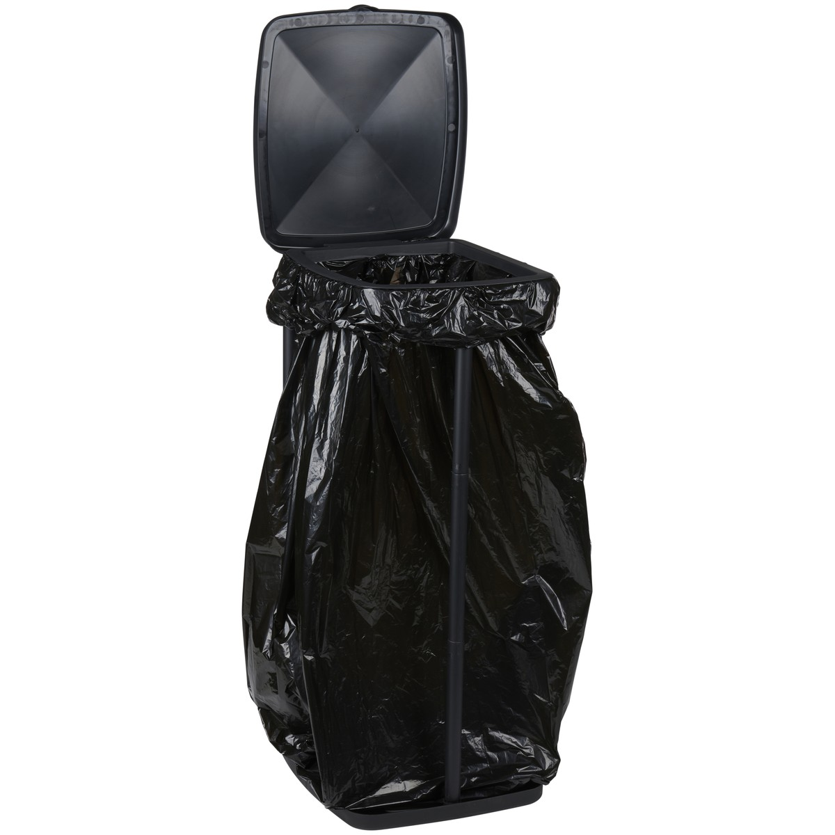 A black trash bag hangs open in a metal frame with its lid propped open.
