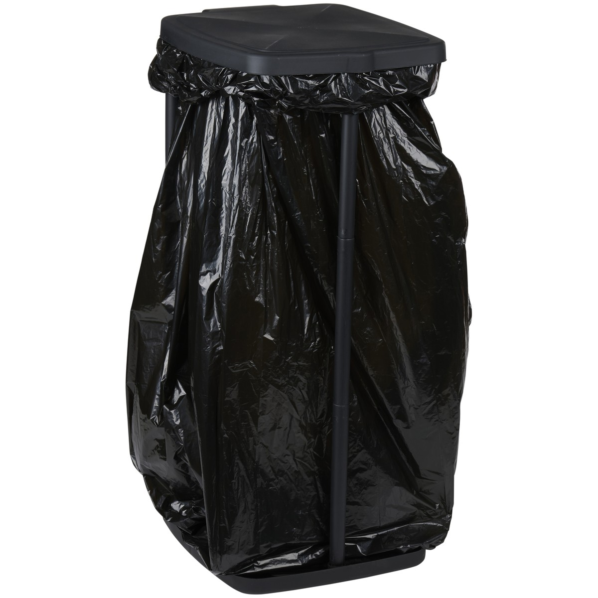 A black garbage bag held by a metal stand with a black lid on a white background.