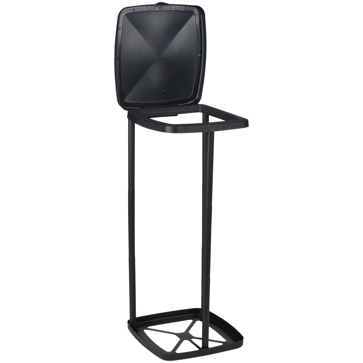 A slender, black plastic trash bag holder with an open frame and an upright hinged lid.