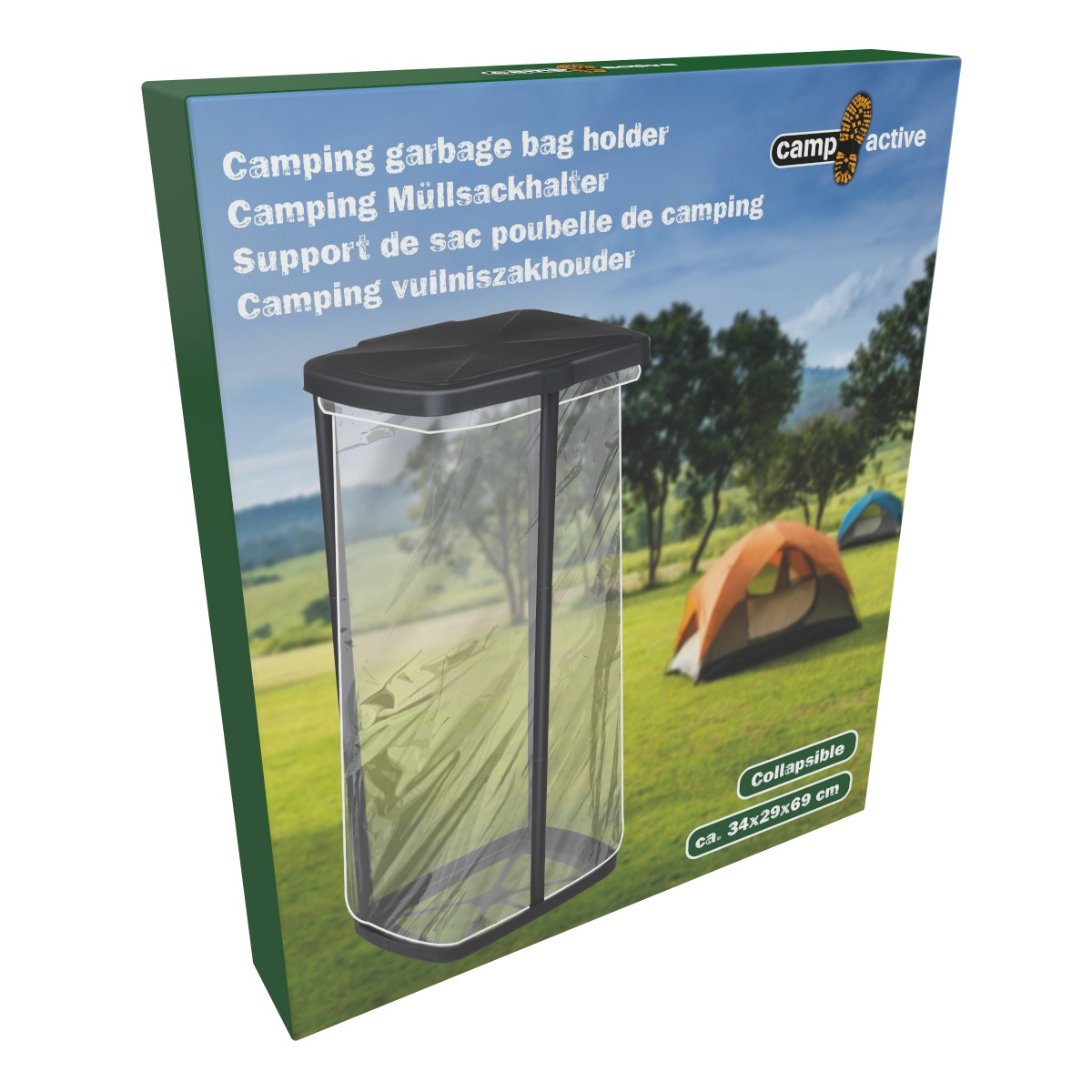 Packaging of a Camp Active camping garbage bag holder against a meadow with tents.