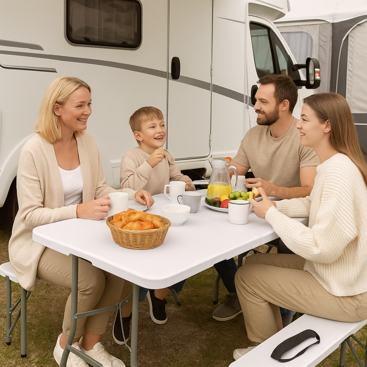 Een gezin van vier ontbijt aan een buitentafel bij een witte camper.