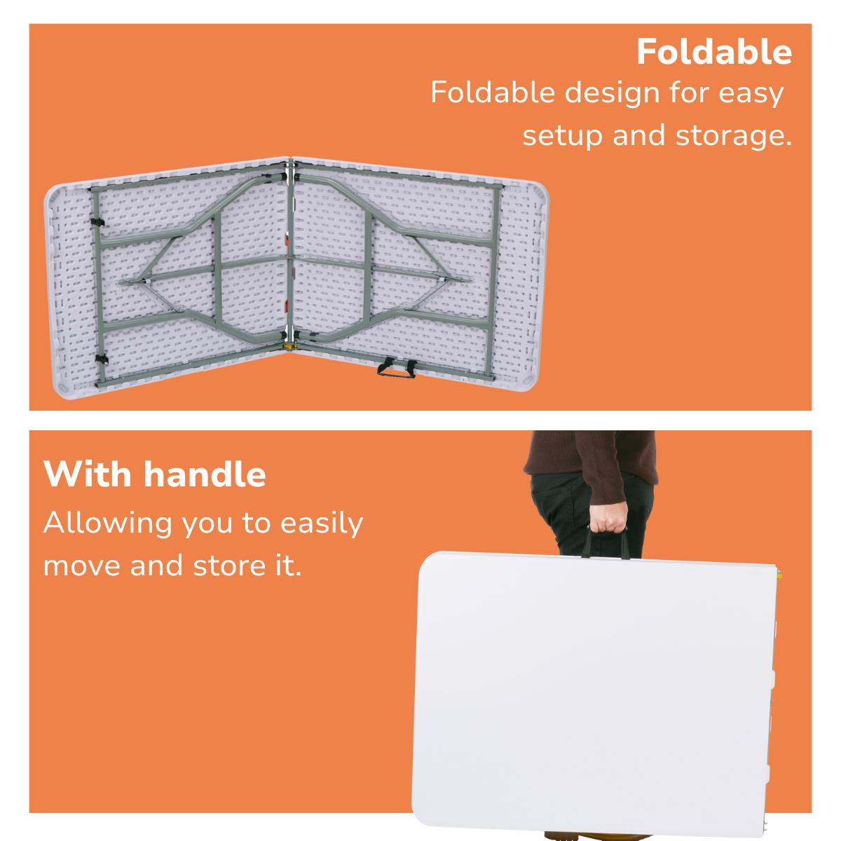 Een witte opklapbare tafel met grijs metalen frame en handvat tegen een oranje achtergrond.