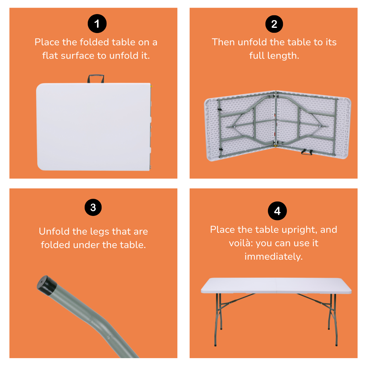 Vierstapshandleiding op een oranje achtergrond om een draagbare witte klaptafel uit te klappen.