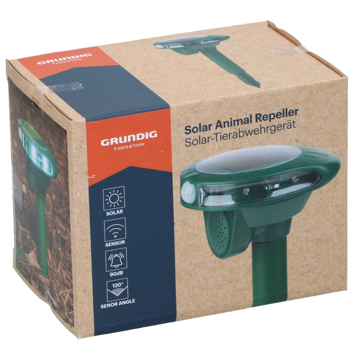 Verpakkingsdoos voor een groene Grundig zonne-dierenverjager.
