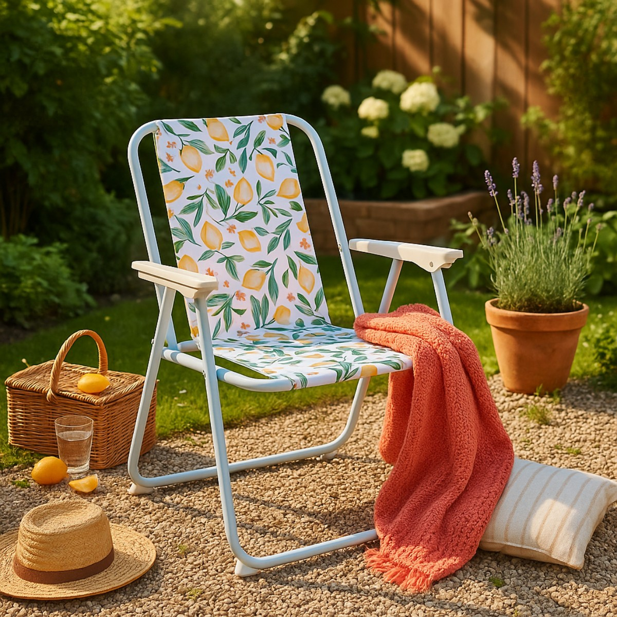 Een vouwstoel met citroenprint in een tuin met picknickmand, oranje deken, strohoed en lavendel in pot.