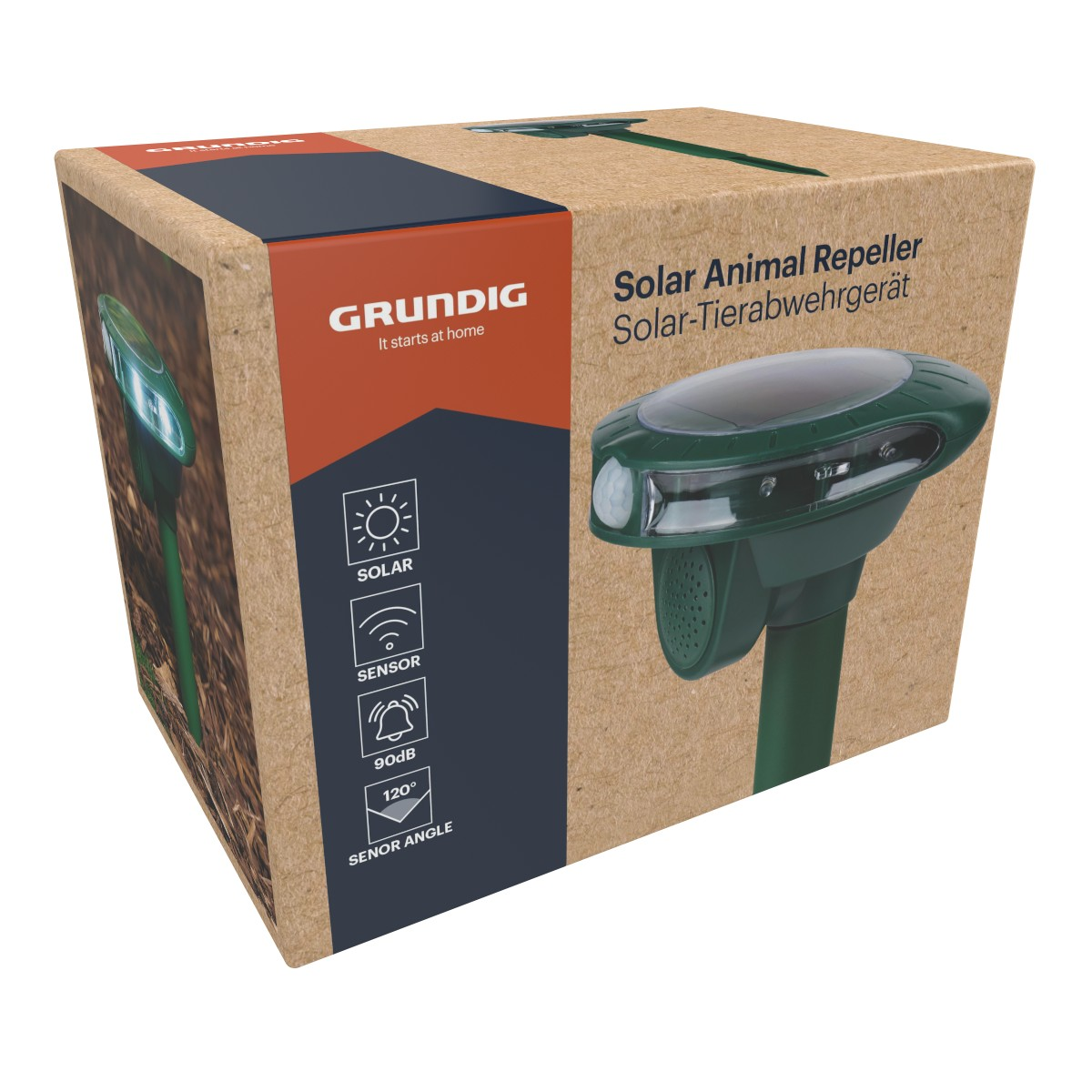 Kartonnen verpakking voor een Grundig zonne-dierenverjager, met productafbeeldingen en functie-iconen op de zijkant.