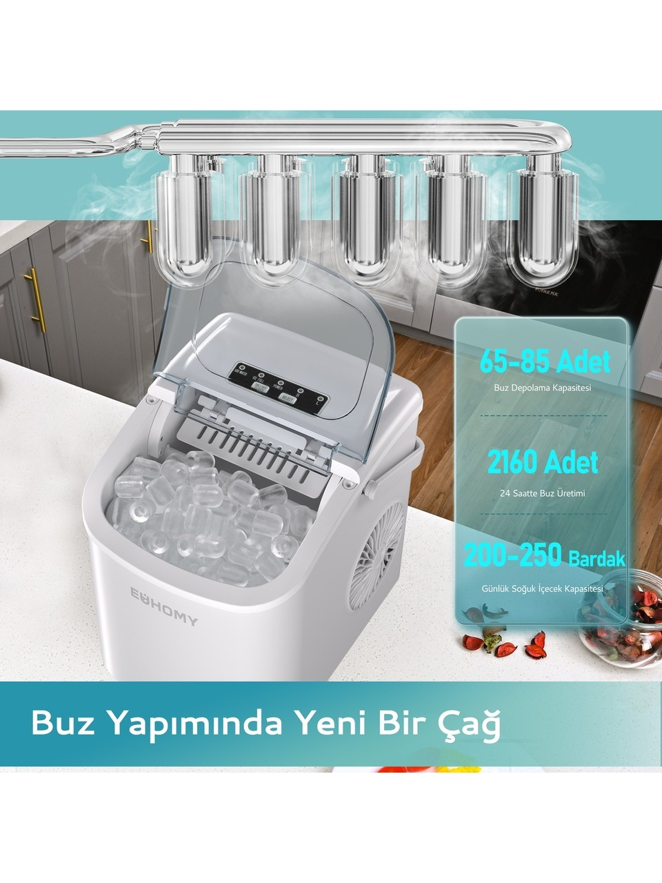 Buz makinesi tezgah üzerinde buzla dolu, metin ve ürün grafikleri içeriyor.