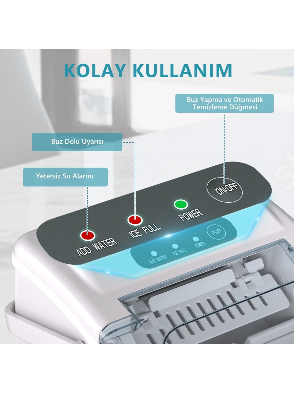 Su, buz dolu, güç ve açma kapama düğmeleri ile LED'lerin bulunduğu buz makinesi kontrol paneli.