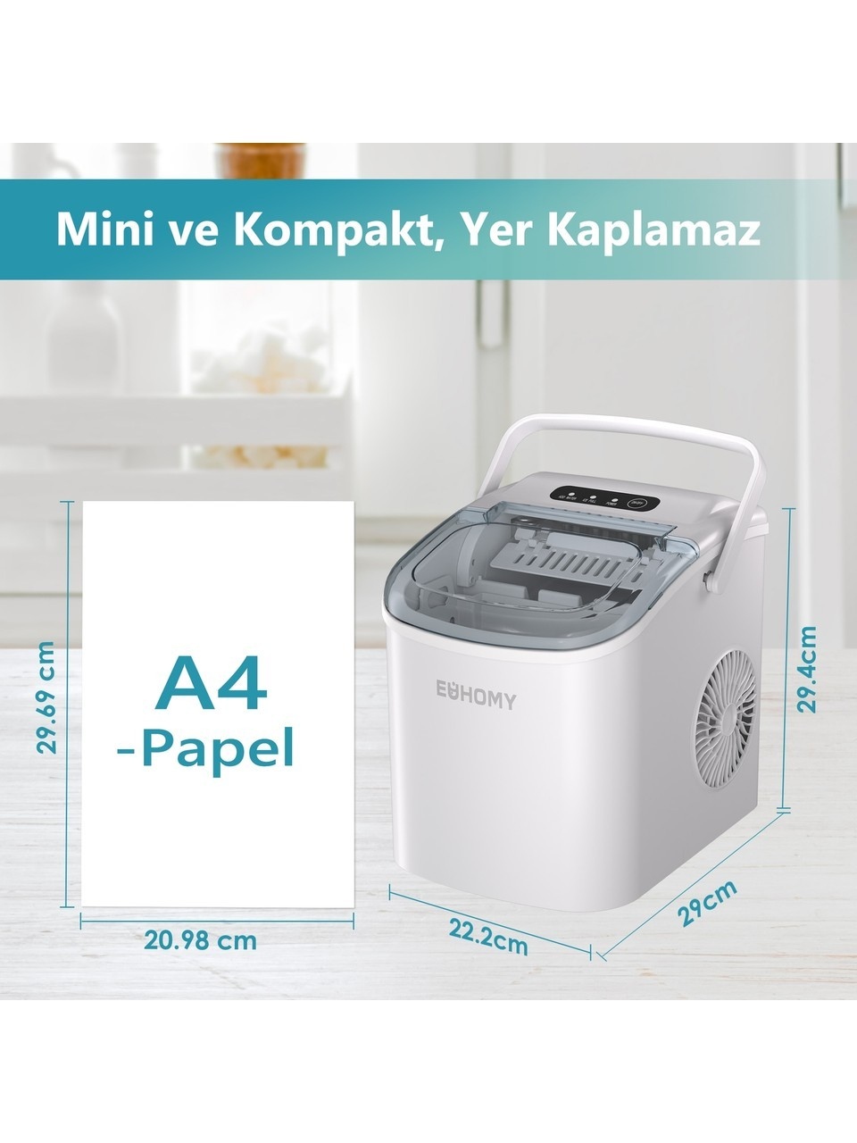 A4 kağıdı ile karşılaştırılan, boyut etiketli kompakt beyaz buz makinesi.