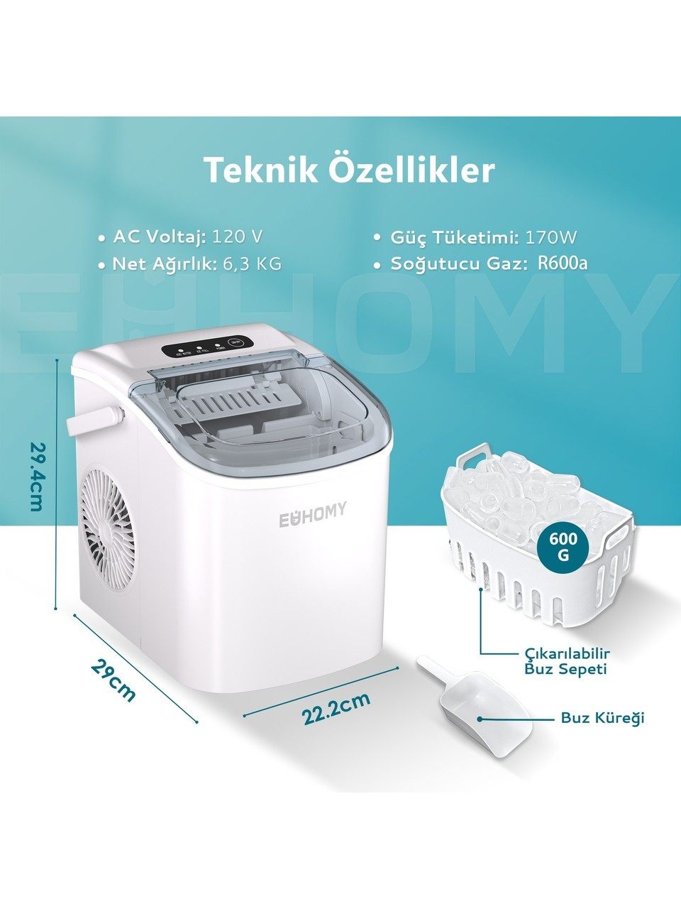 Boyutları, buz dolu çıkarılabilir sepeti ve küreği olan turkuaz arka planda beyaz buz makinesi.