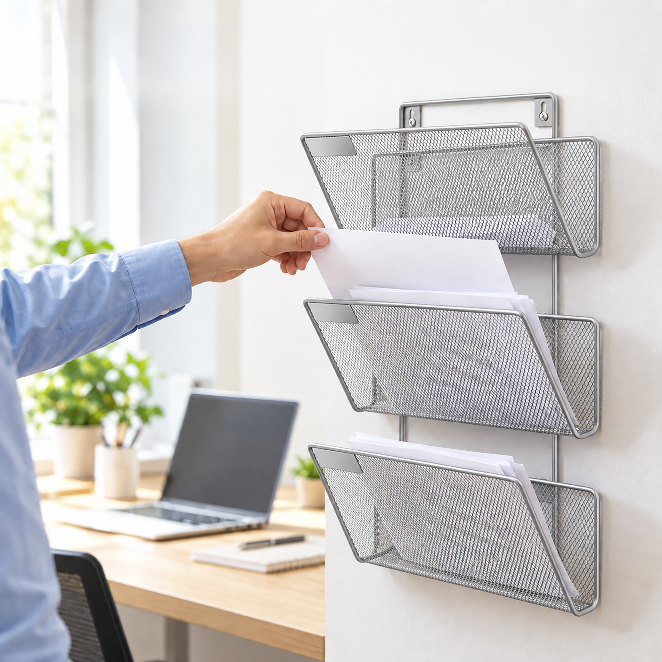 Eine Person platziert Dokumente in einem hängenden Aktenorganizer aus Metall an einer Wand im Büro.