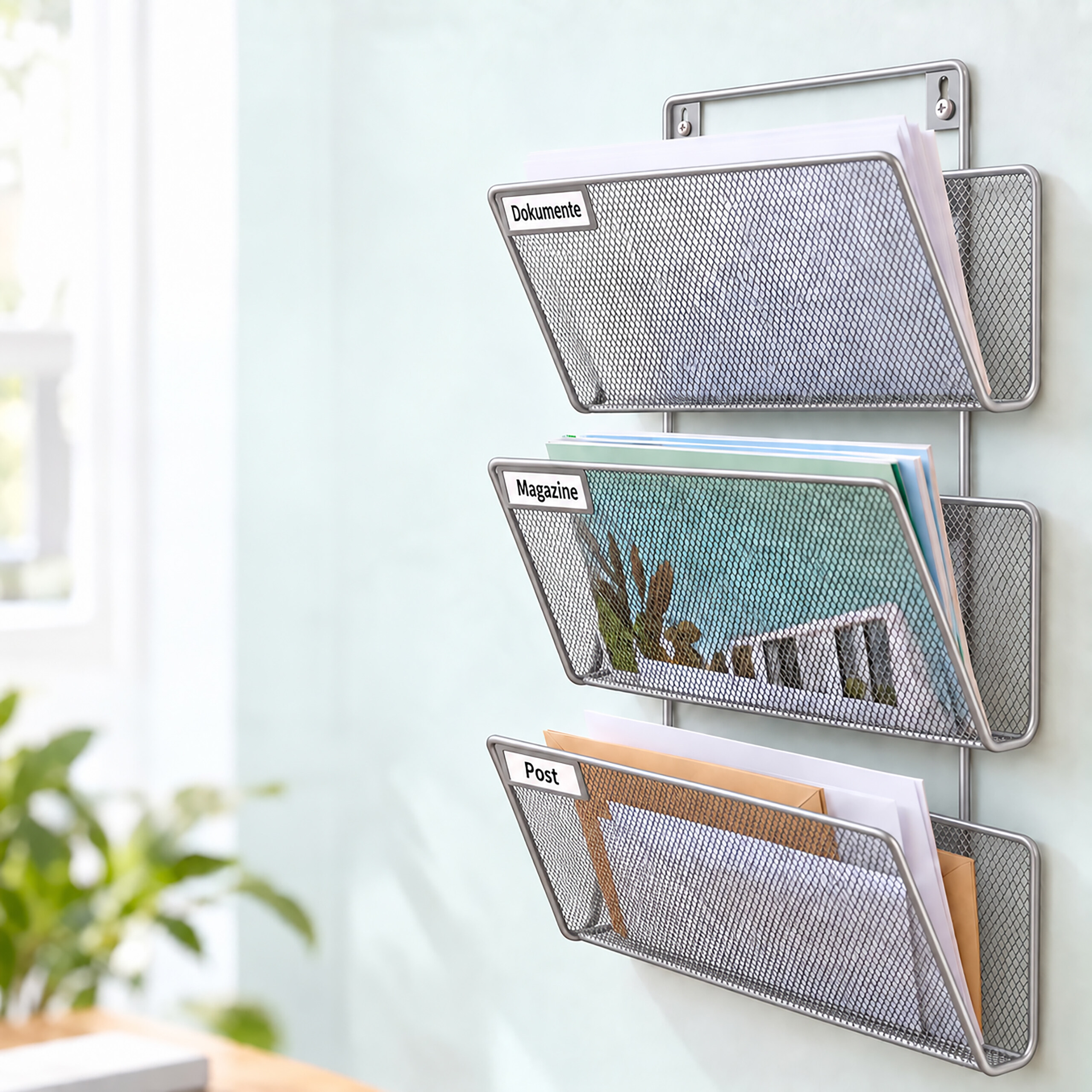 Ein silberner Wandorganizer aus Mesh mit drei Taschen für Dokumente, Magazine und Post an einer Wand.