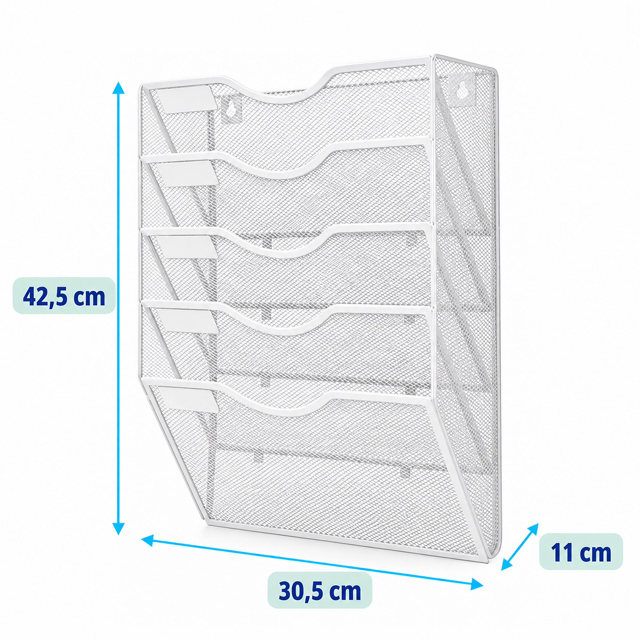 Weißer Akten-Wandorganizer aus Metallgitter mit fünf Fächern, Maße 42,5 x 30,5 x 11 cm.
