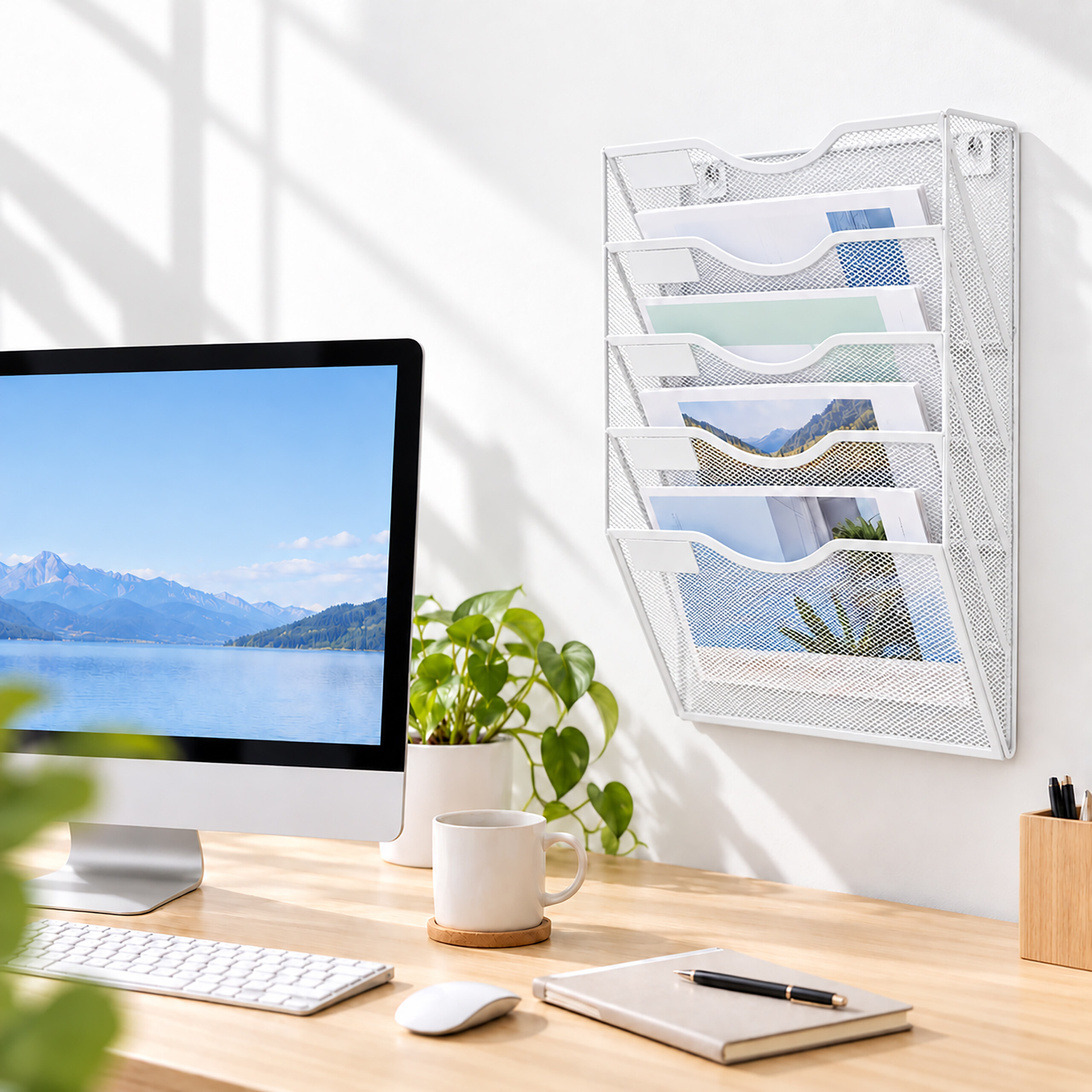 Ein weißer Wandorganizer mit Dokumenten hängt an der Wand neben einem Computermonitor auf einem Schreibtisch.