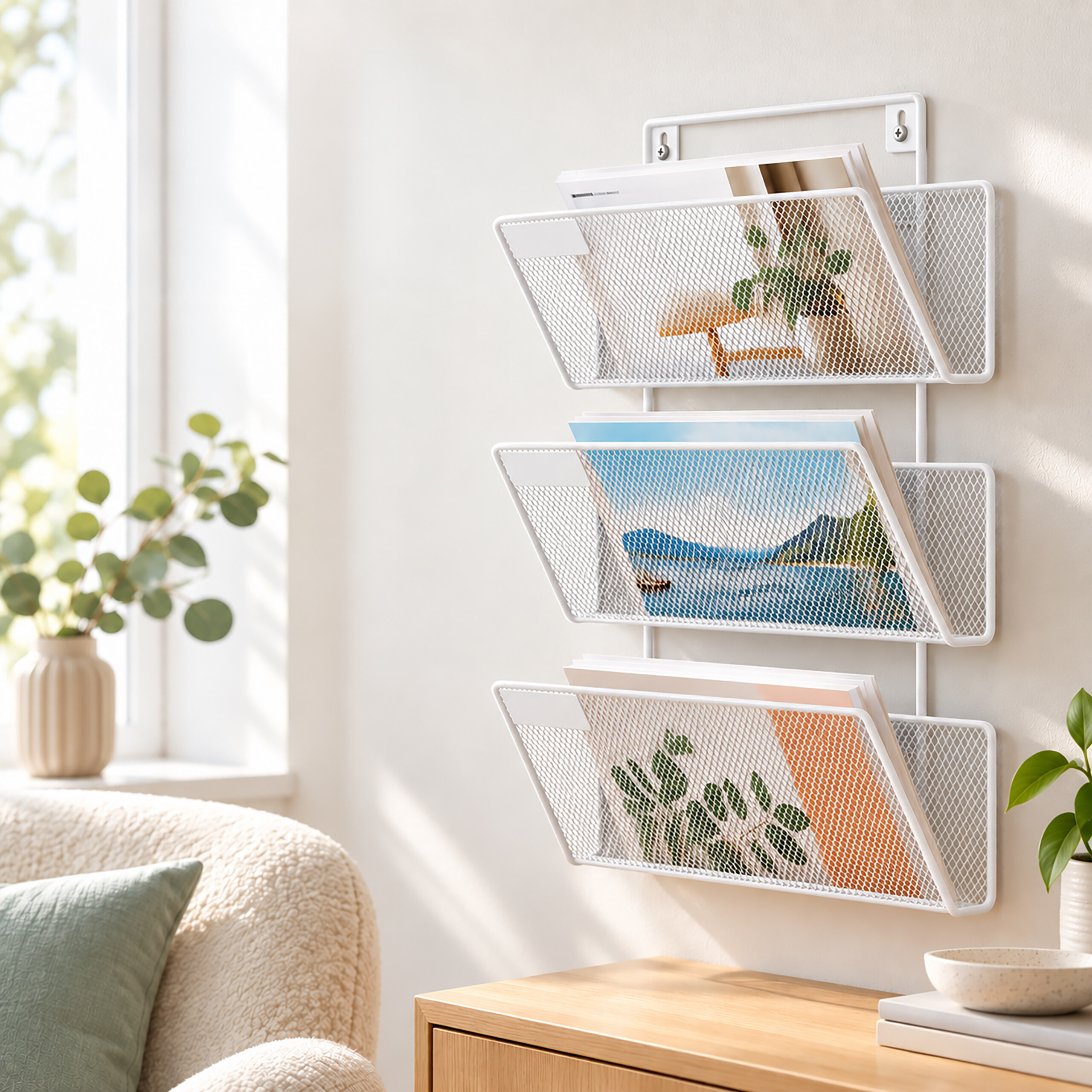 Ein weißer Wandorganizer mit drei Etagen hält Zeitschriften in einem hellen Raum mit Pflanze und Sofa.