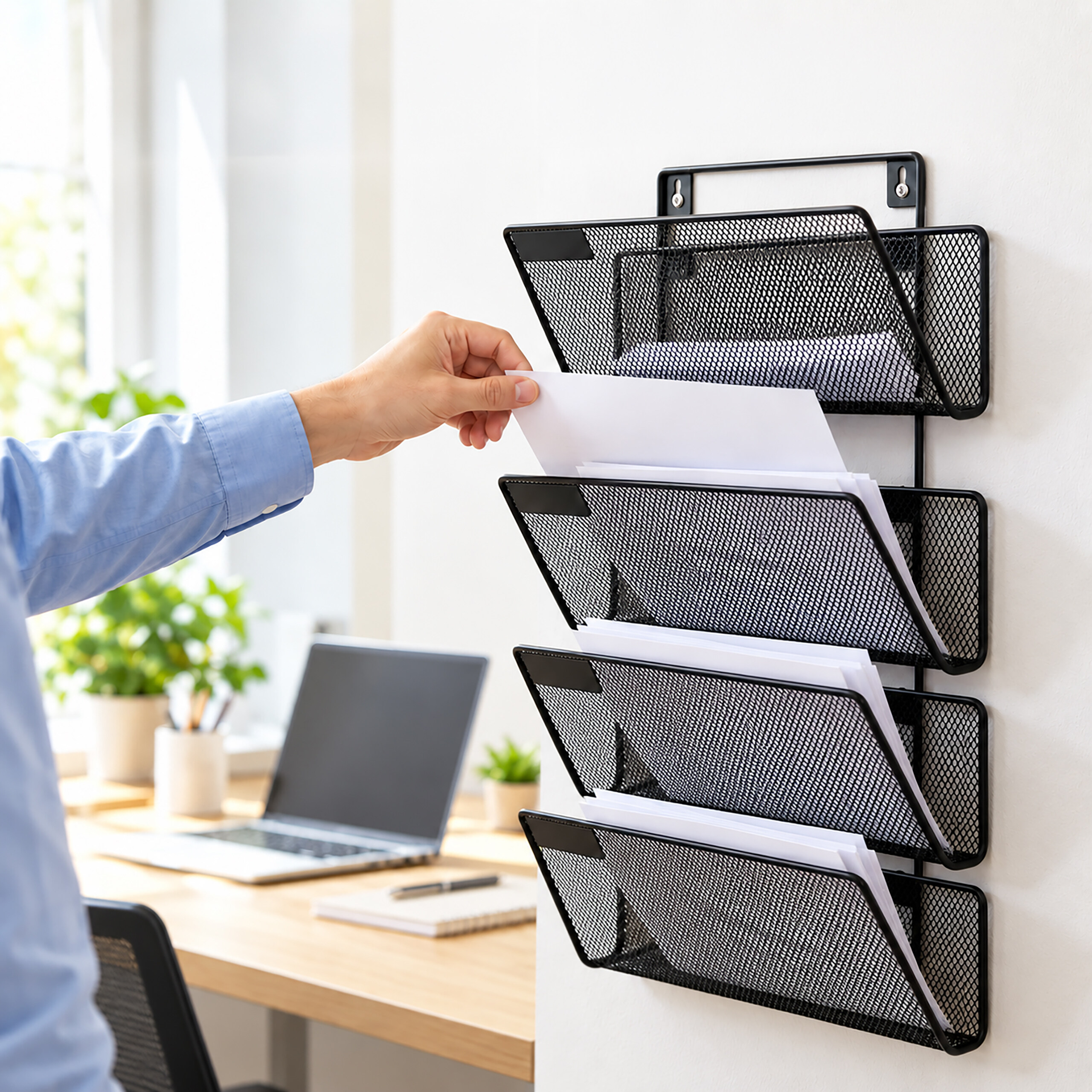 Eine Hand legt ein Blatt Papier in einen schwarzen Wandorganizer mit vier Fächern im Büro.