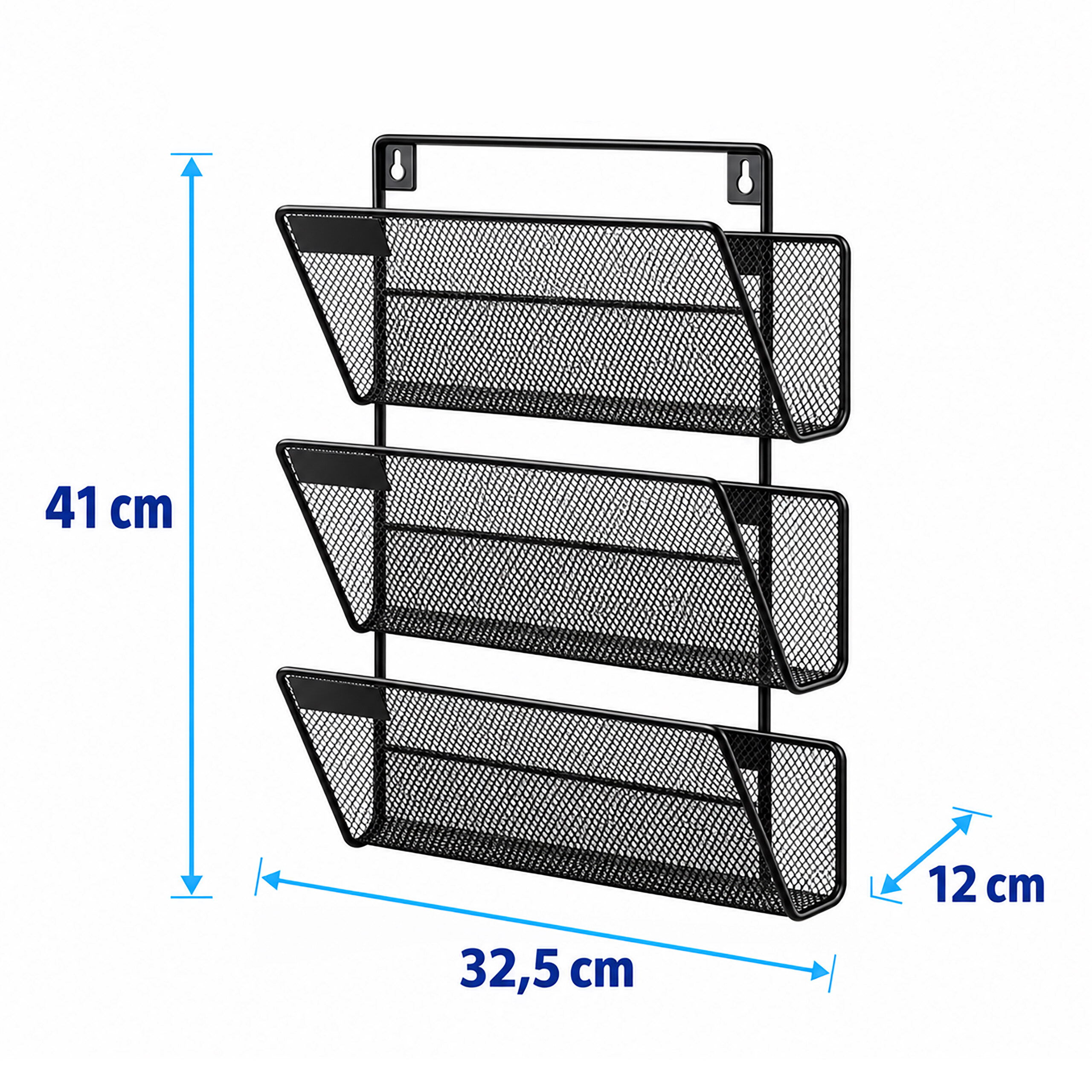 Schwarzer Wand-Aktenhalter aus Metall mit drei Fächern und Maßangaben in cm.