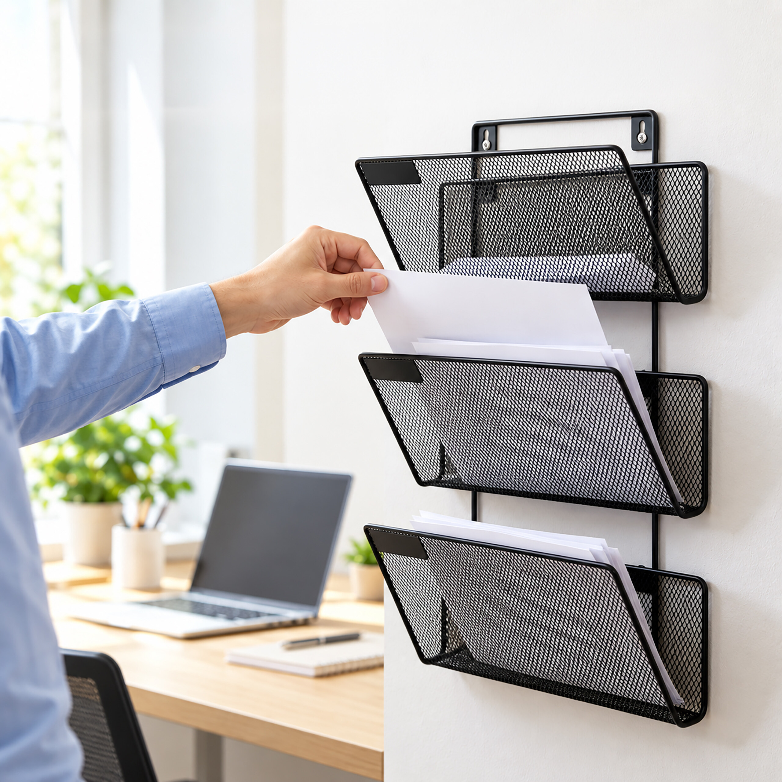 Hand legt Papier in einen schwarzen Metall-Wand-Dokumentenhalter in einem Büro.
