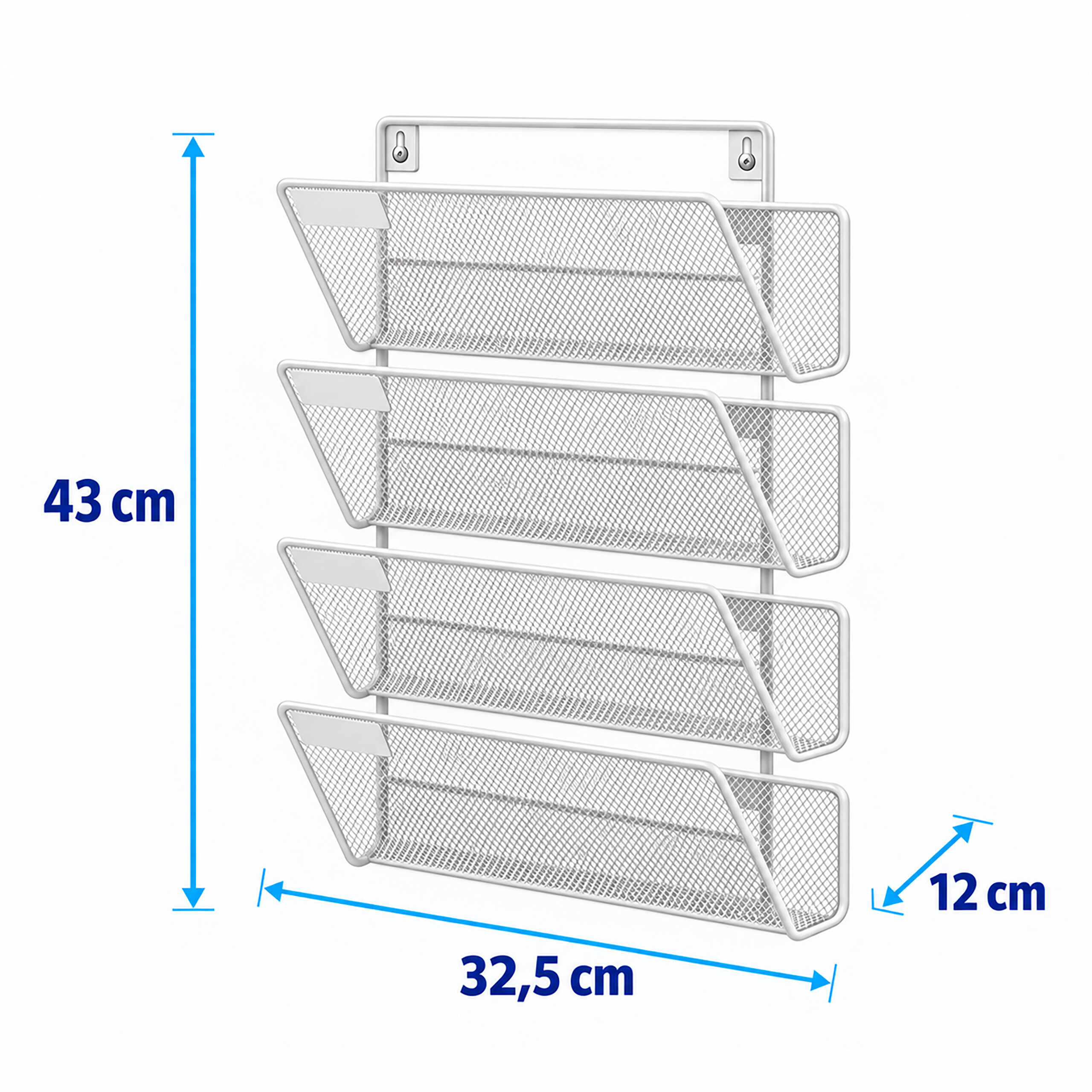 Weißer Wandorganizer aus Metalldraht mit vier Fächern, Maße 43x32,5x12 cm.