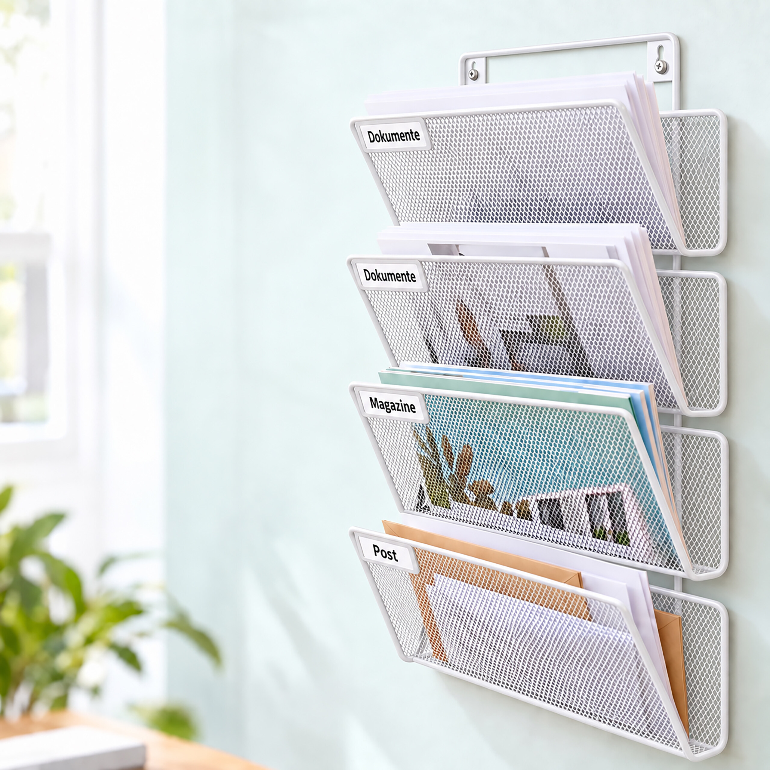Ein weißer, vertikaler Wandorganizer mit vier Fächern voller Dokumente und Magazine hängt an einer hellblauen Wand.