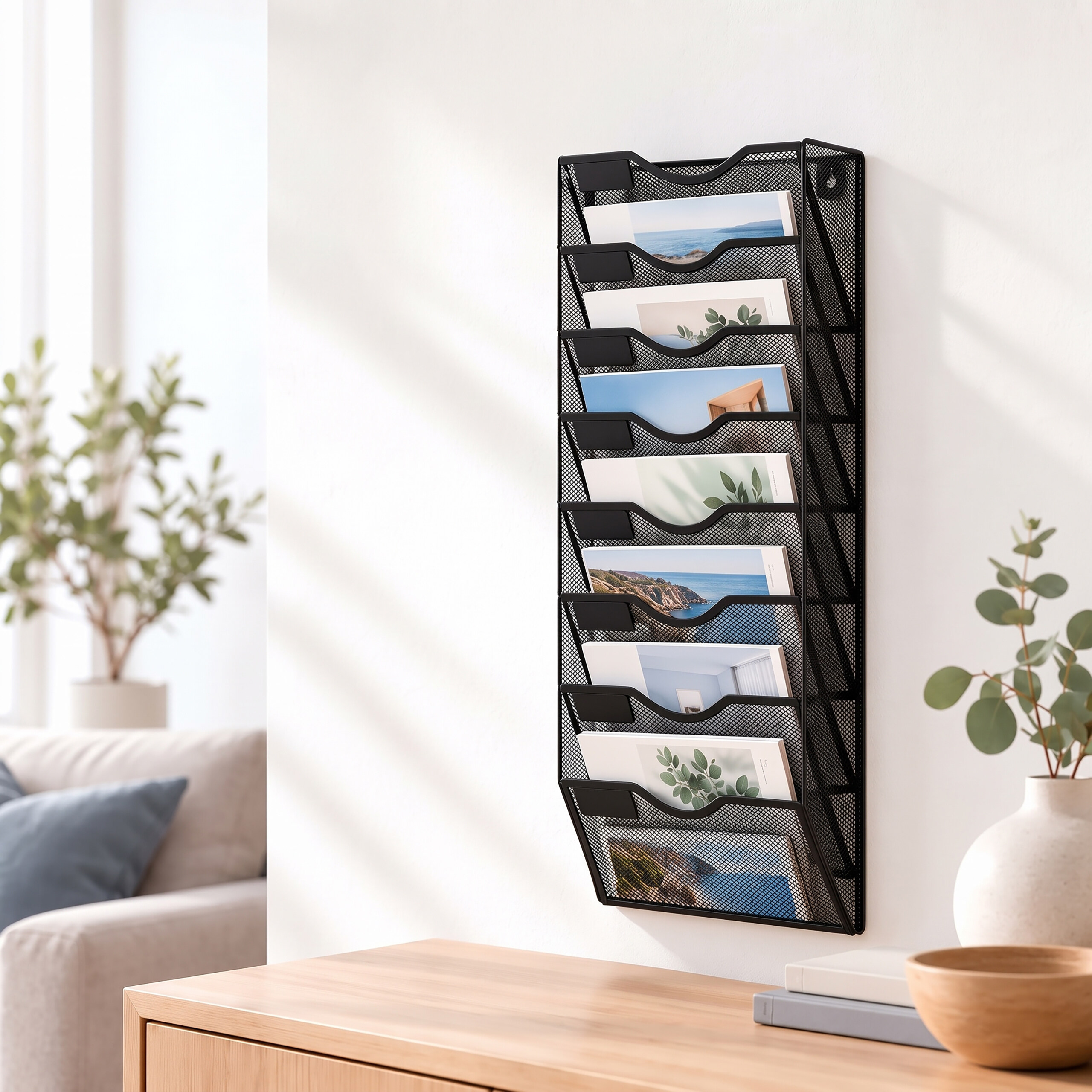 Ein schwarzer Wandorganizer aus Metall mit mehreren Fächern voller Postkarten hängt an einer weißen Wand.