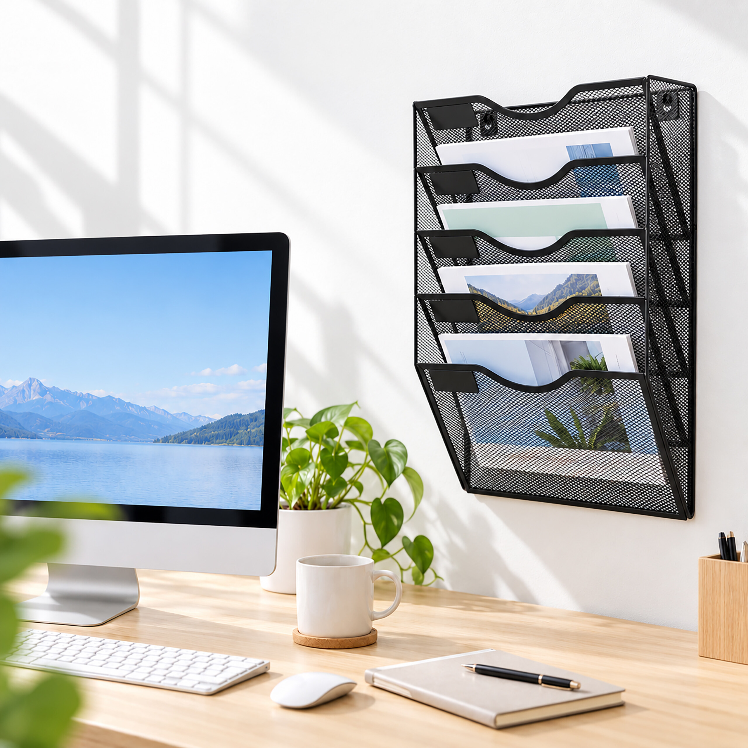 Ein schwarzer Wandorganizer hängt über einem Schreibtisch mit Computer, Notizbuch und Kaffeetasse.