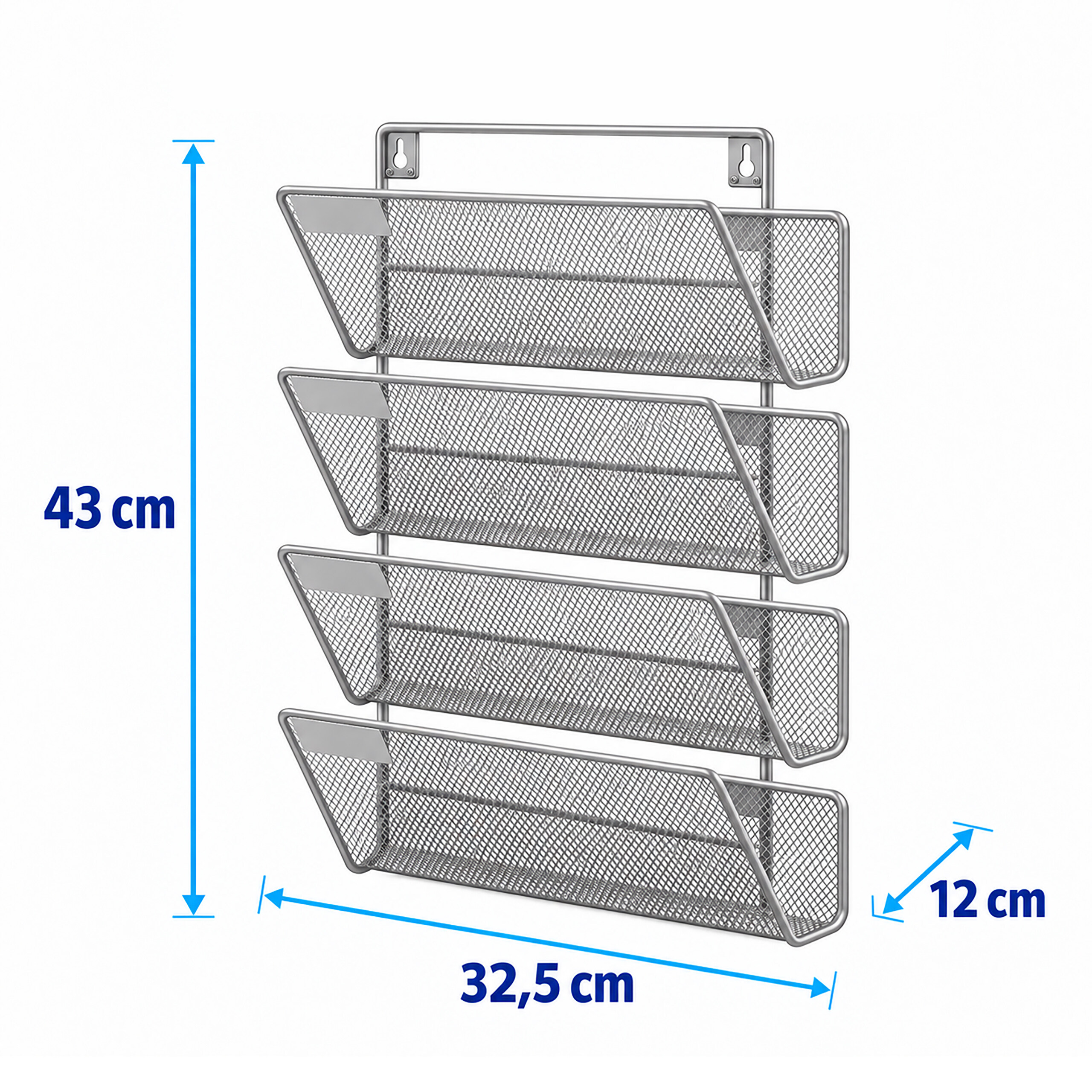 Ein silberner Wand-Aktenorganizer aus Metallgitter mit vier Fächern und Maßangaben von 43 cm Höhe, 32,5 cm Breite und 12 cm Tiefe.