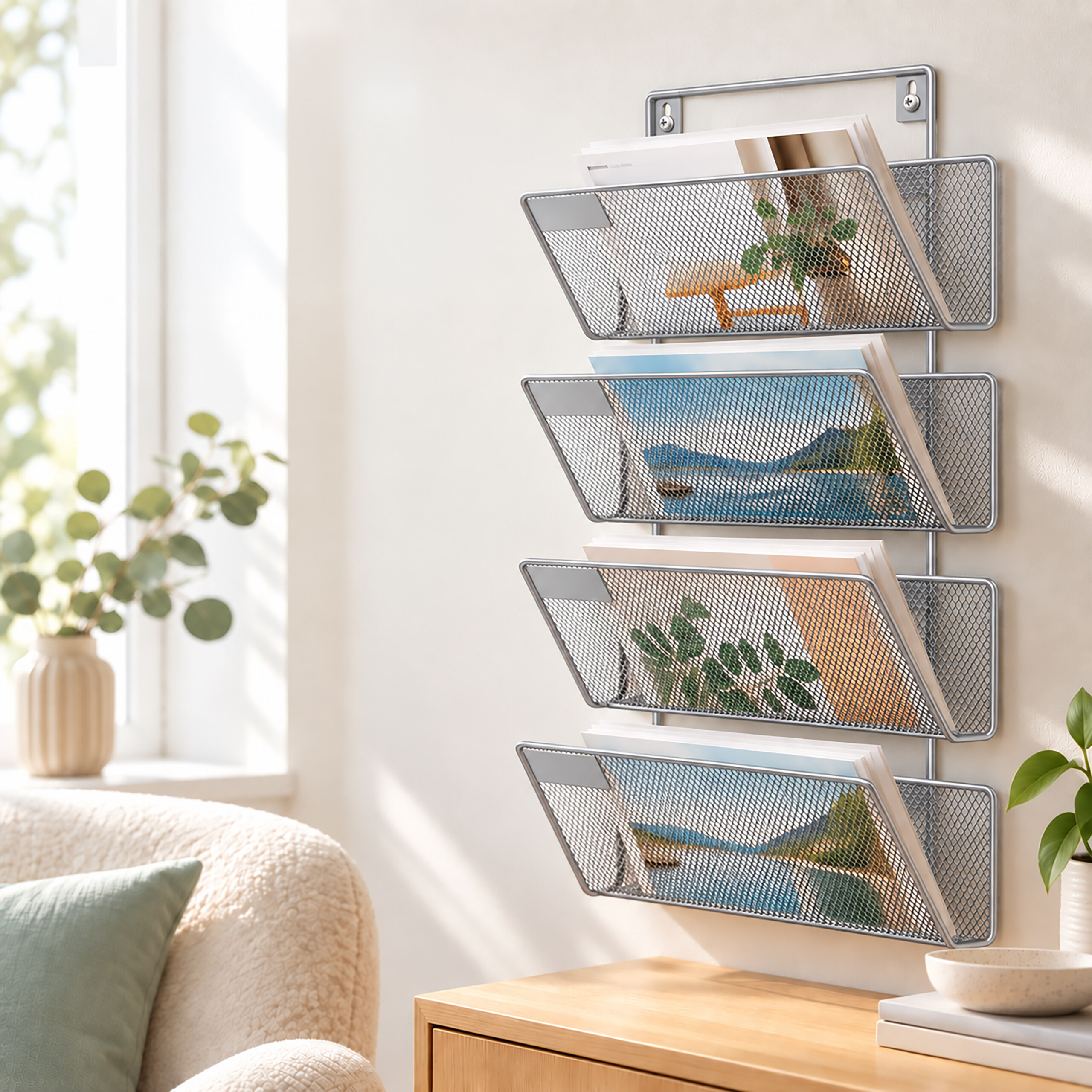Ein silbernes Wandregal mit vier Fachböden hängt an einer hellen Wand und hält Zeitschriften mit Naturbildern.