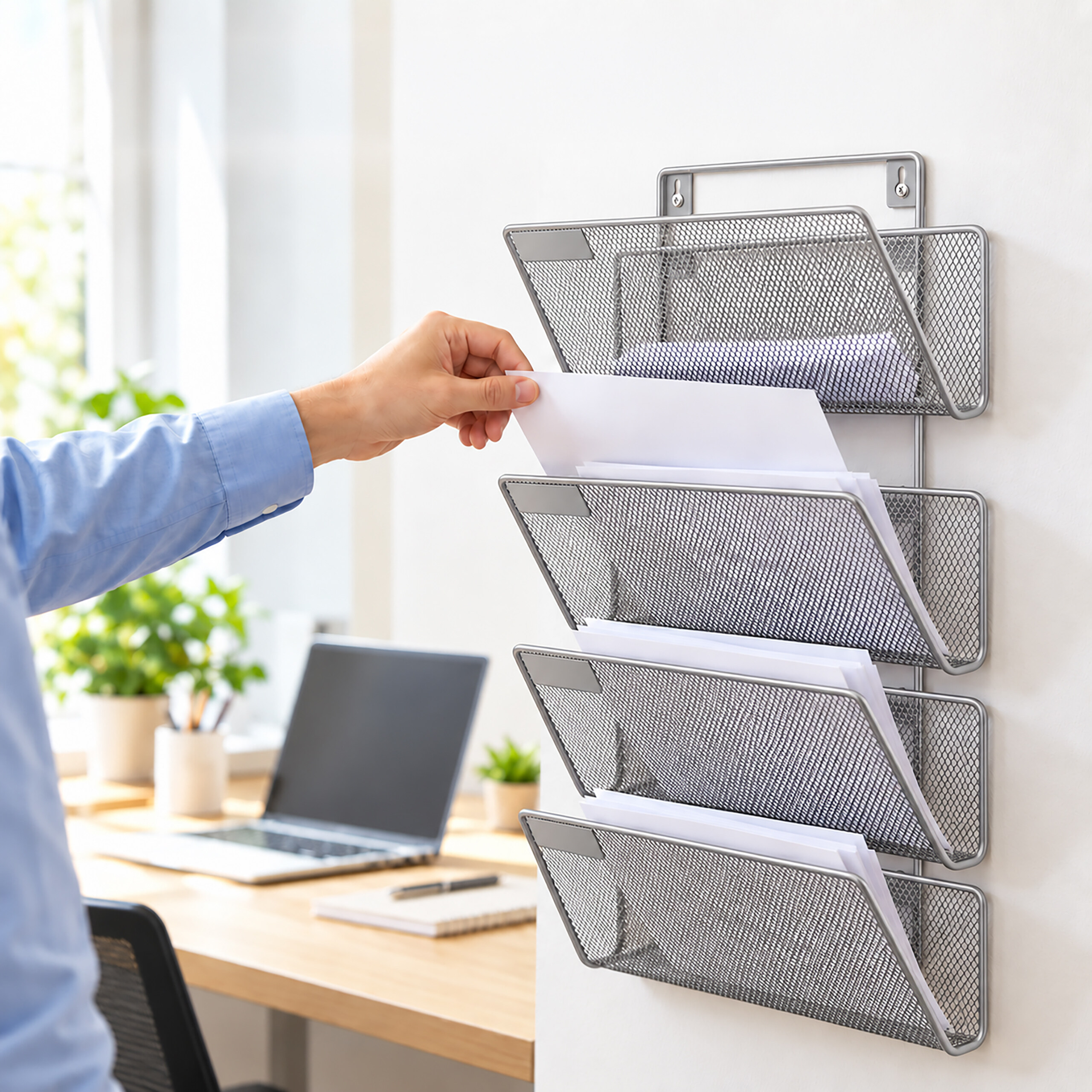 Ein Mann im blauen Hemd legt Papier in einen Wand-Dokumentenhalter aus Metall in einem hellen Büro.