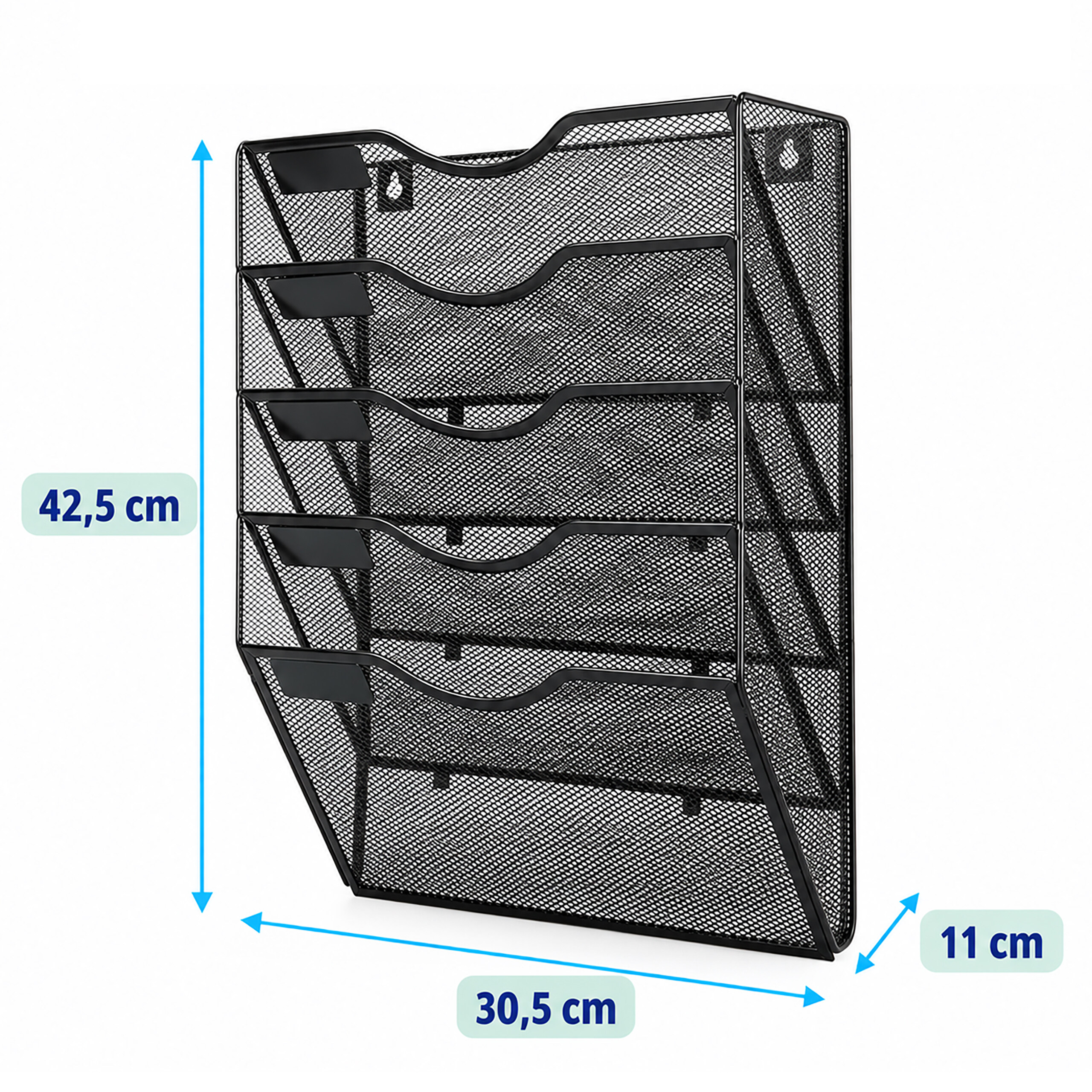 Ein schwarzer Wandorganizer aus Metallgitter mit fünf Fächern und Maßen von 42,5 x 30,5 x 11 cm.