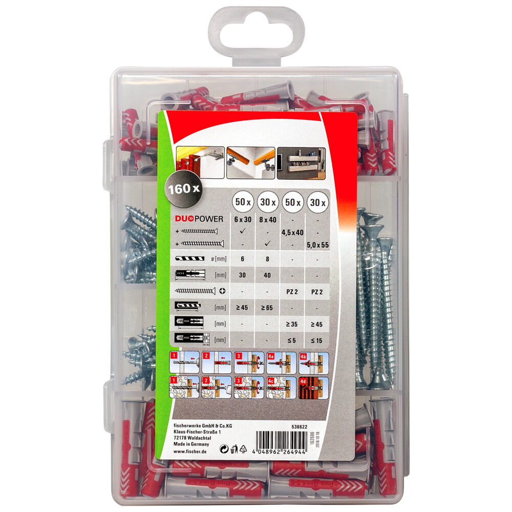 Scatola di plastica trasparente con tasselli rossi e grigi, viti ed etichetta illustrativa.