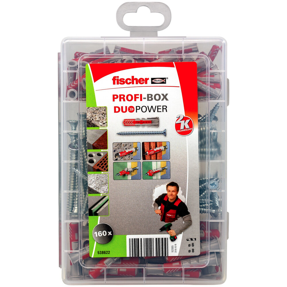 Scatola di plastica trasparente con tasselli e viti Fischer Profi-Box DuoPower.