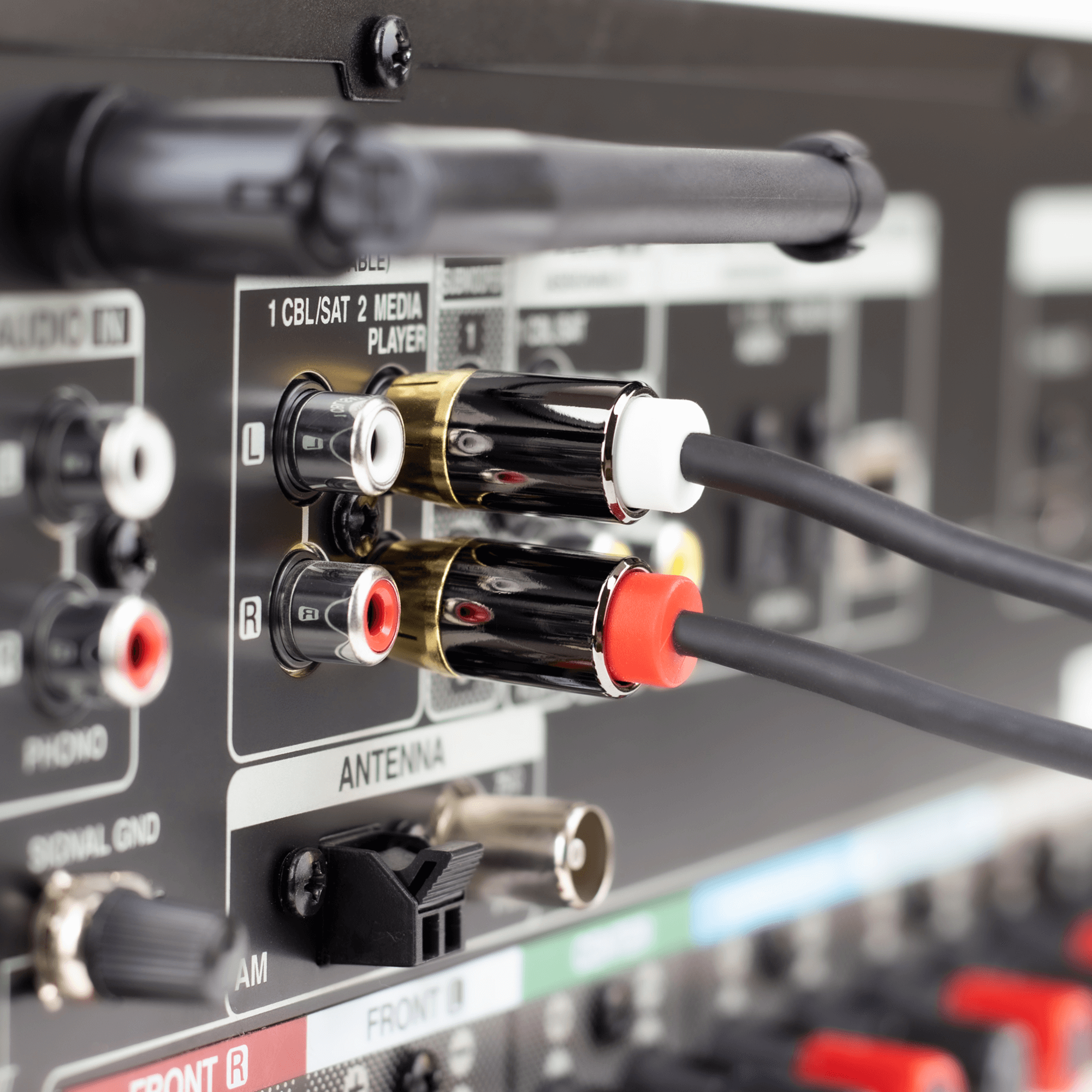 Primer plano de la parte trasera de un receptor de audio con cables conectados.