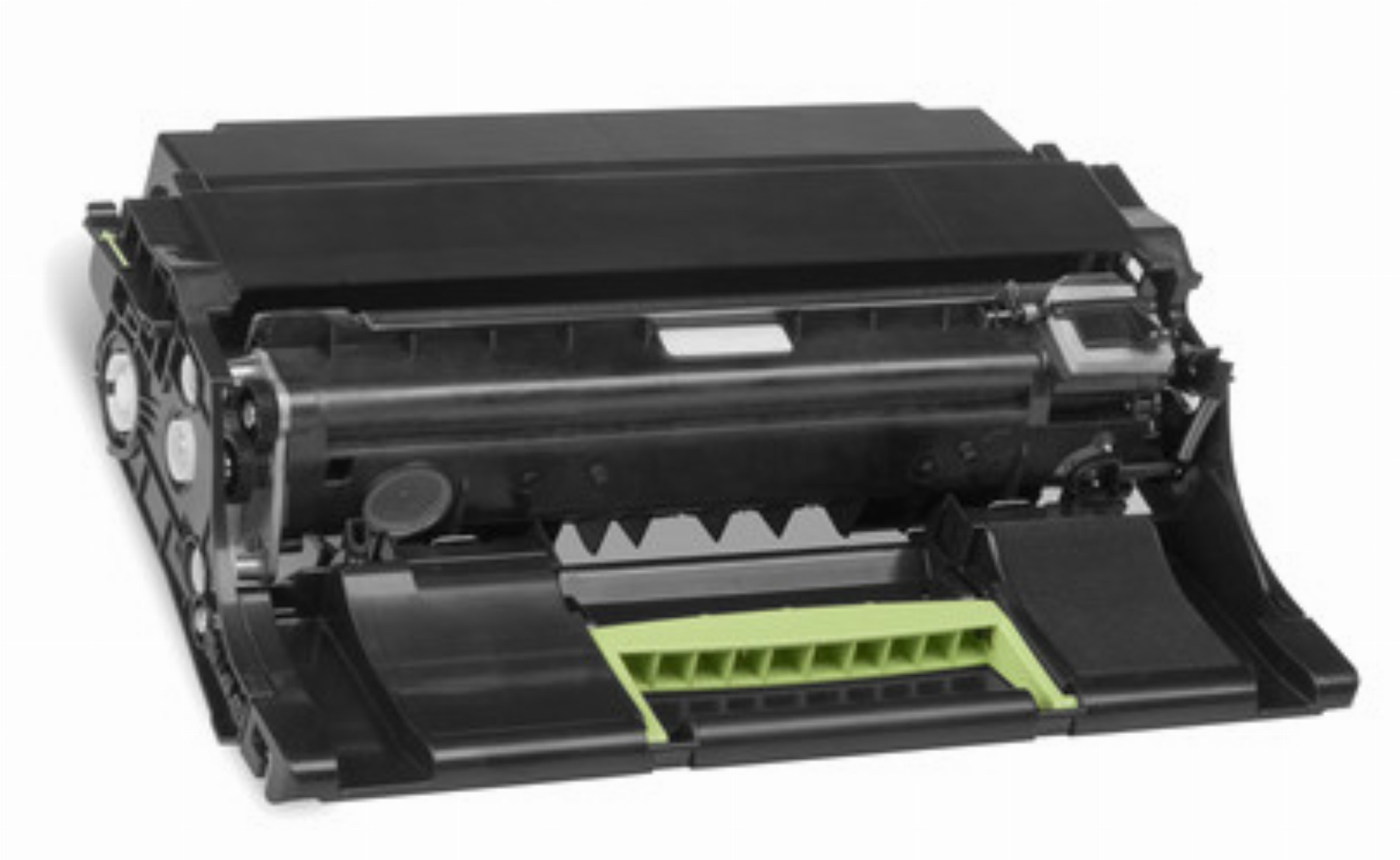 Eine schwarze Laserdrucker-Trommeleinheit mit grünen Akzenten.