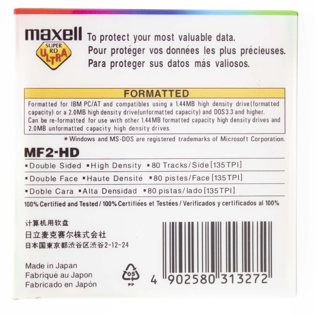 Etichetta per floppy disk Maxell MF2-HD con testo in inglese, francese, spagnolo e codice a barre.