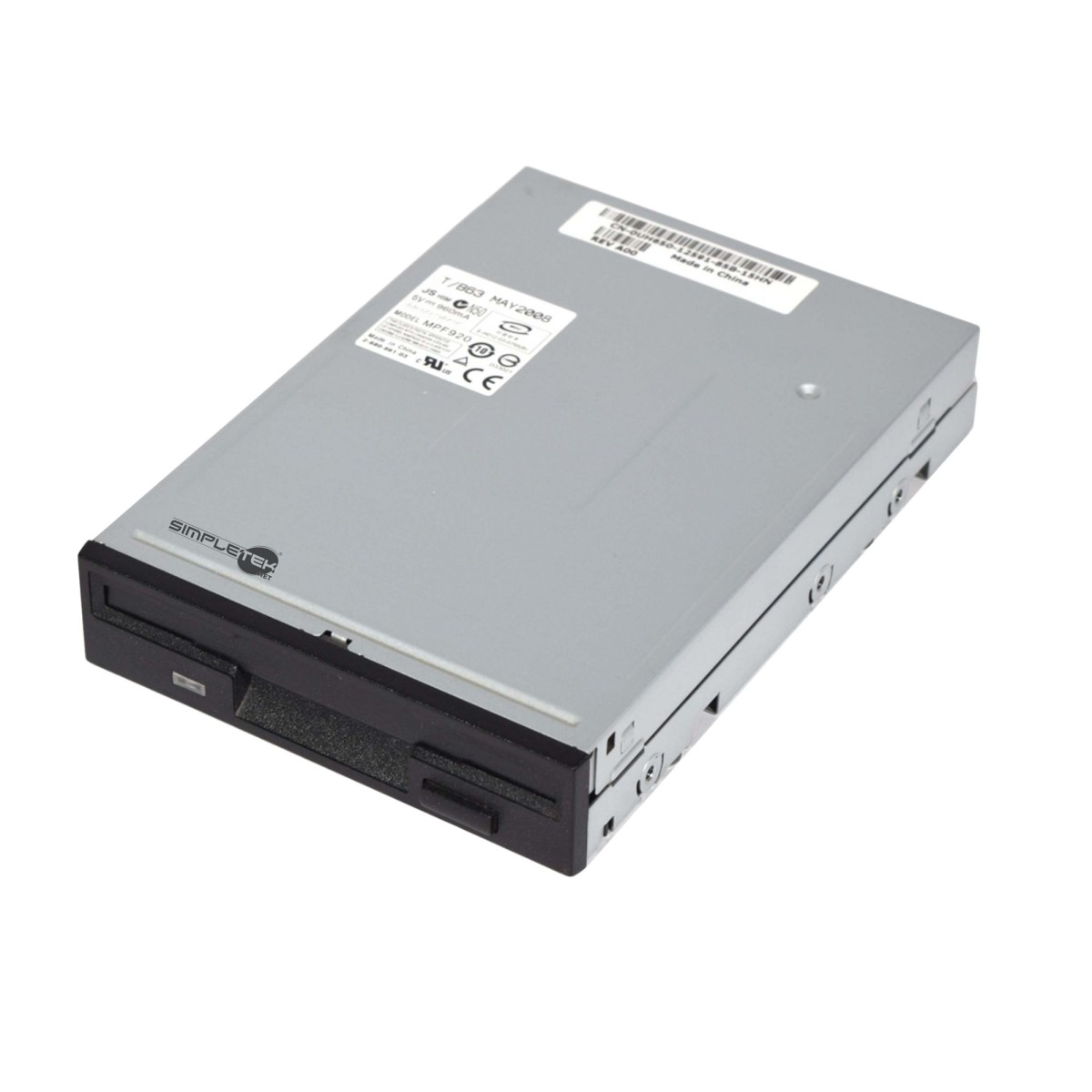 Un'unità floppy disk interna con custodia grigio argento e pannello frontale nero su sfondo bianco.