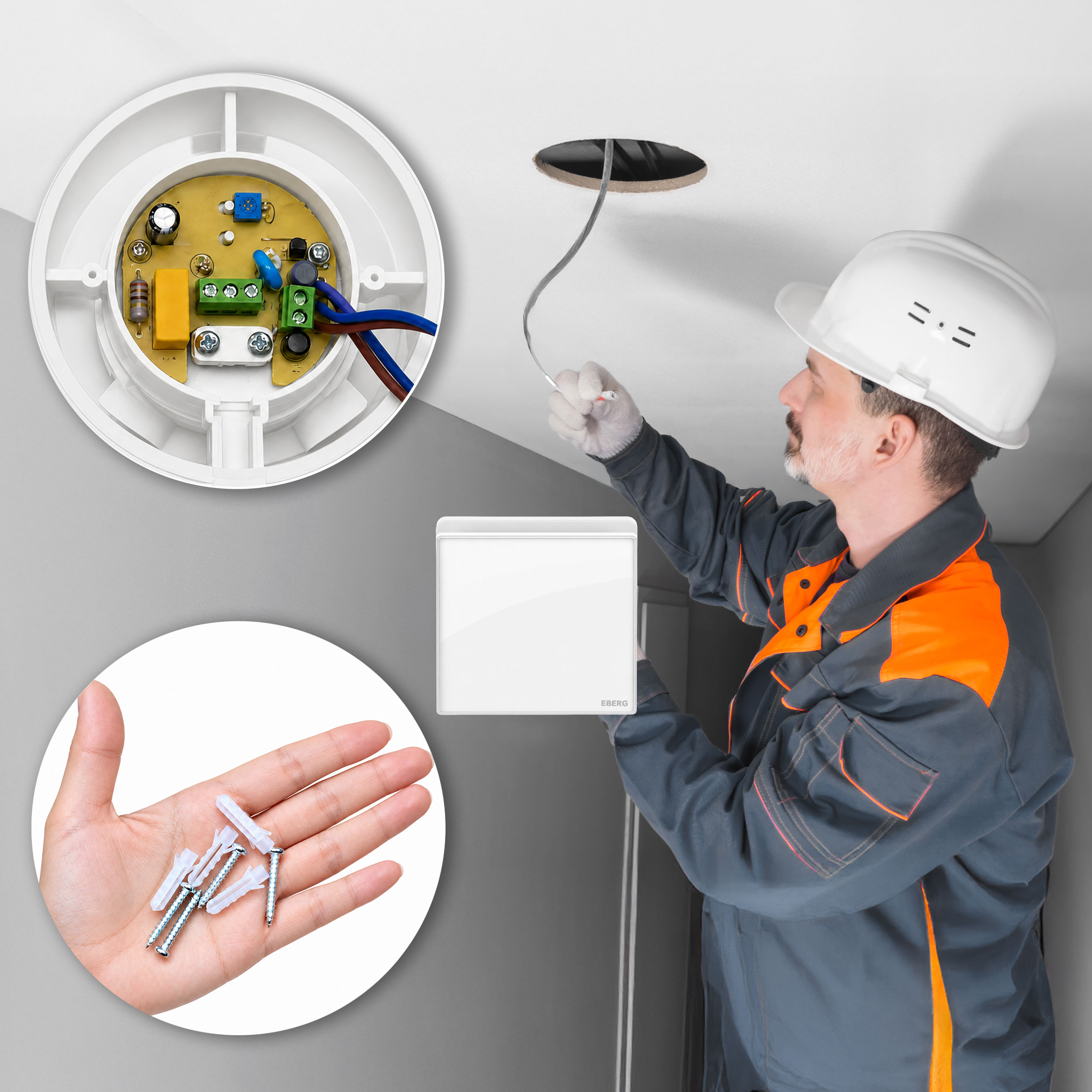 Technik w odzieży ochronnej trzyma kabel i panel, z wstawkami przedstawiającymi elektronikę i kołki.