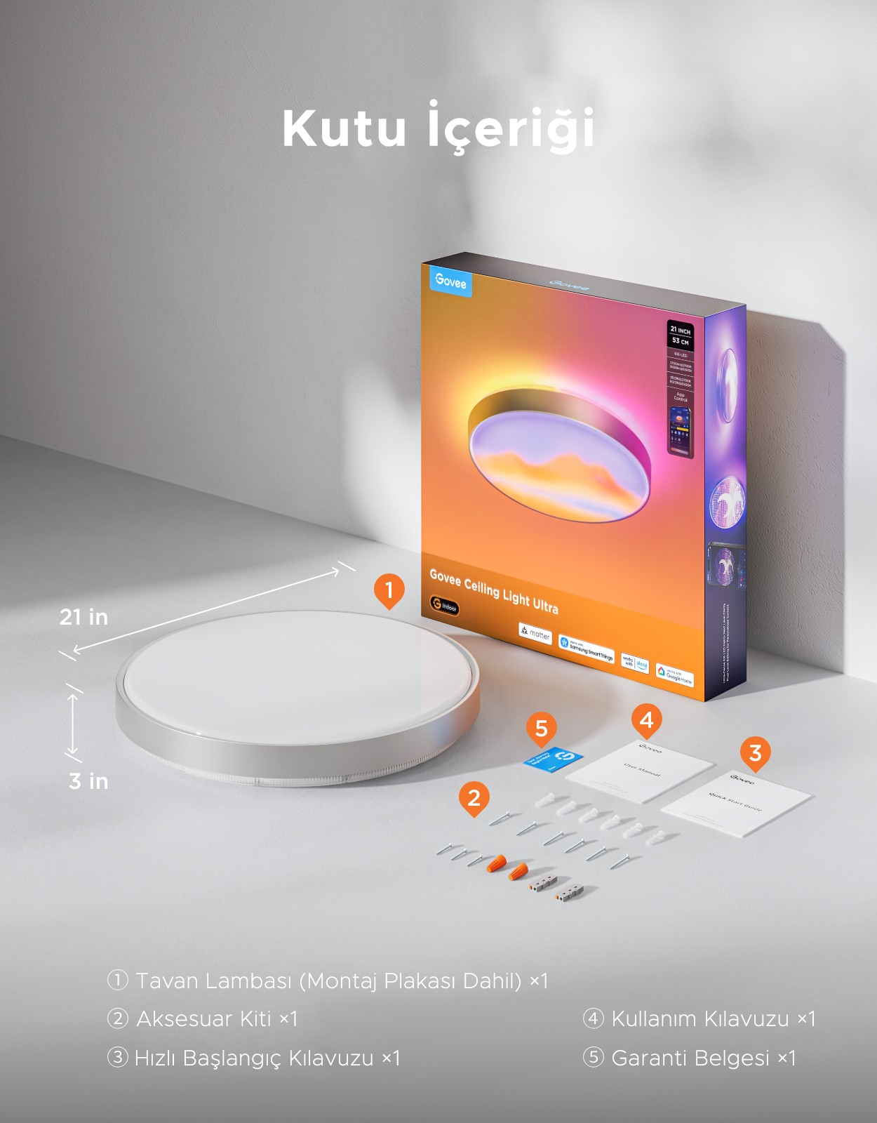 Govee Ceiling Light Ultra kutu içeriği: lamba, aksesuar kiti, kullanım kılavuzu ve garanti belgesi.