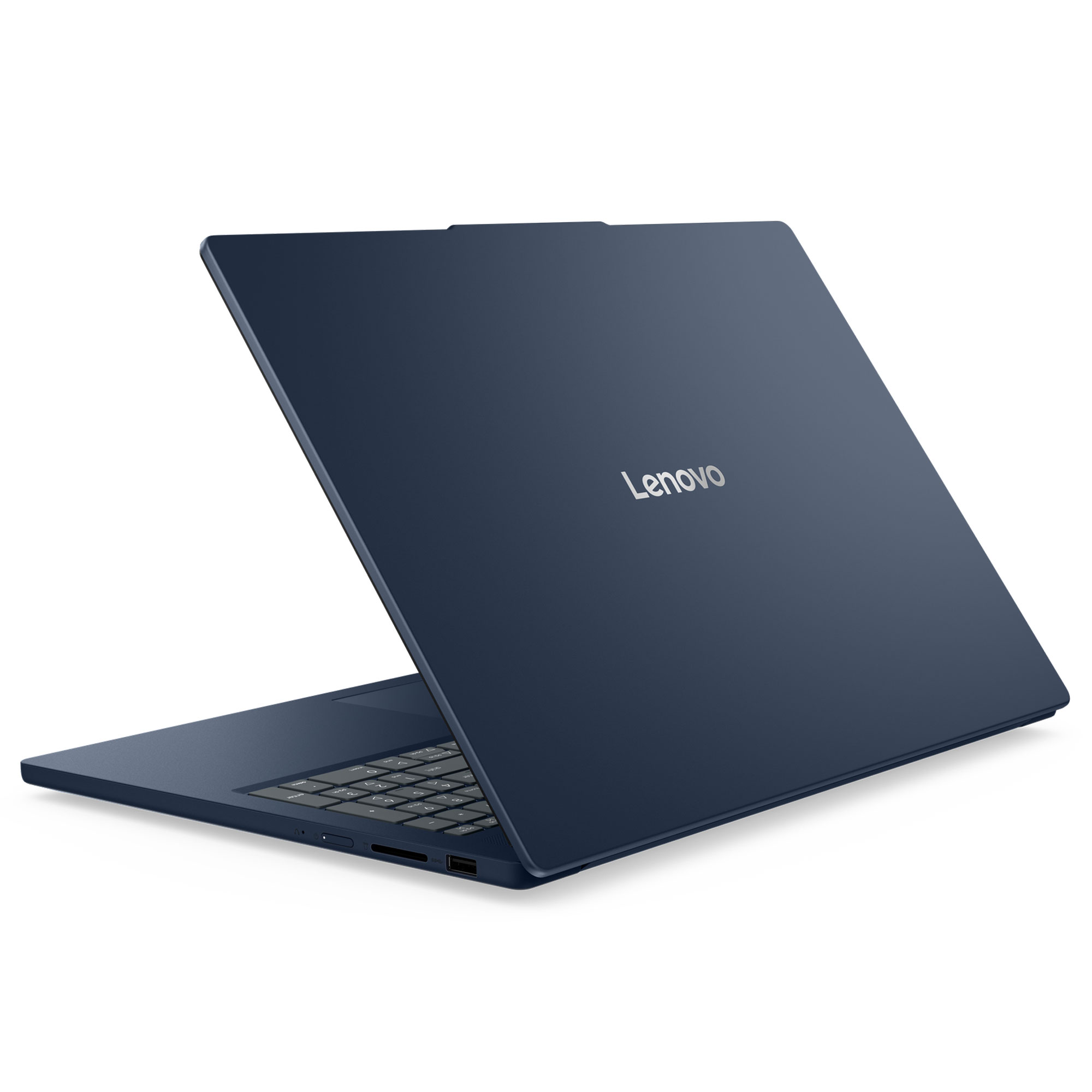 Beyaz arka planda gümüş logolu, arkadan görünen koyu mavi Lenovo dizüstü bilgisayar.