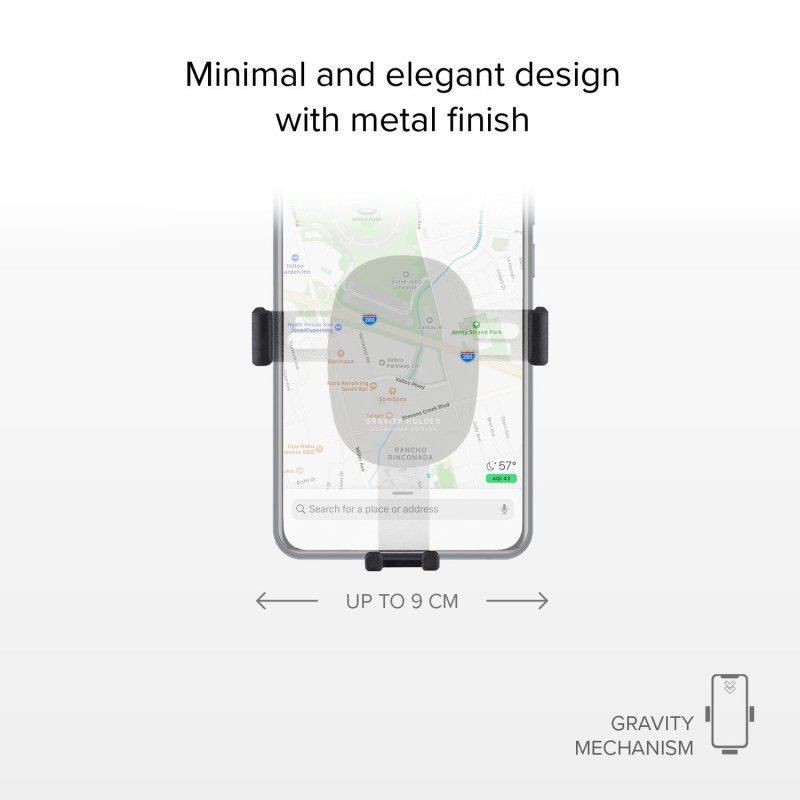 Uno smartphone in un supporto metallico mostra una mappa e testo su design minimalista e meccanismo a gravità.