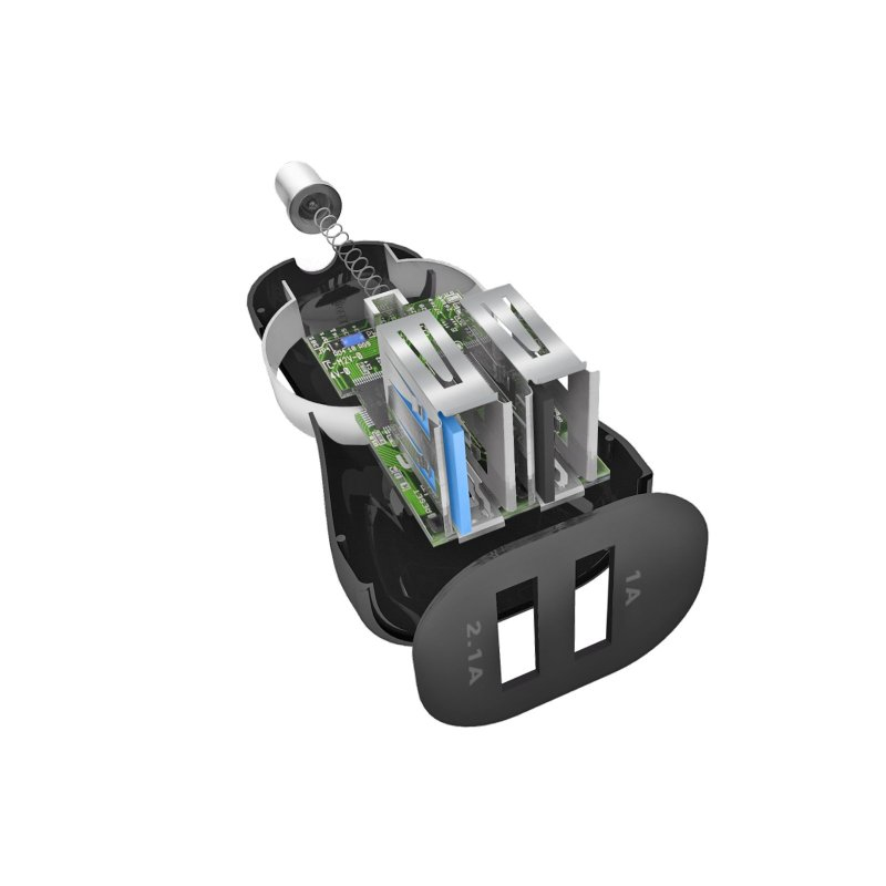 Vista en corte de un cargador de coche que muestra puertos USB expuestos, placa de circuito interno y resorte.