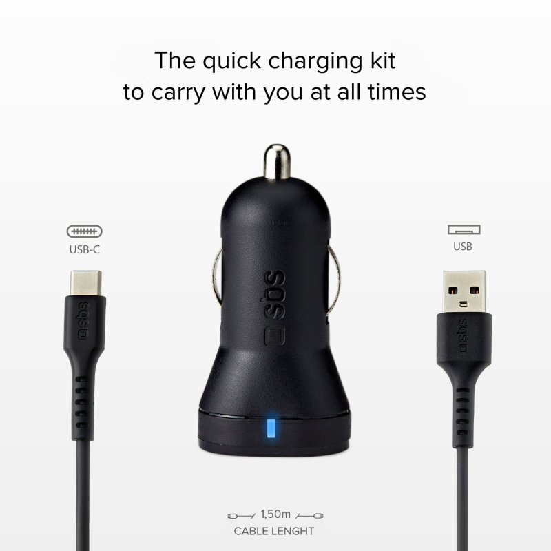 Cargador de coche negro con cables USB-C y USB y LED azul.