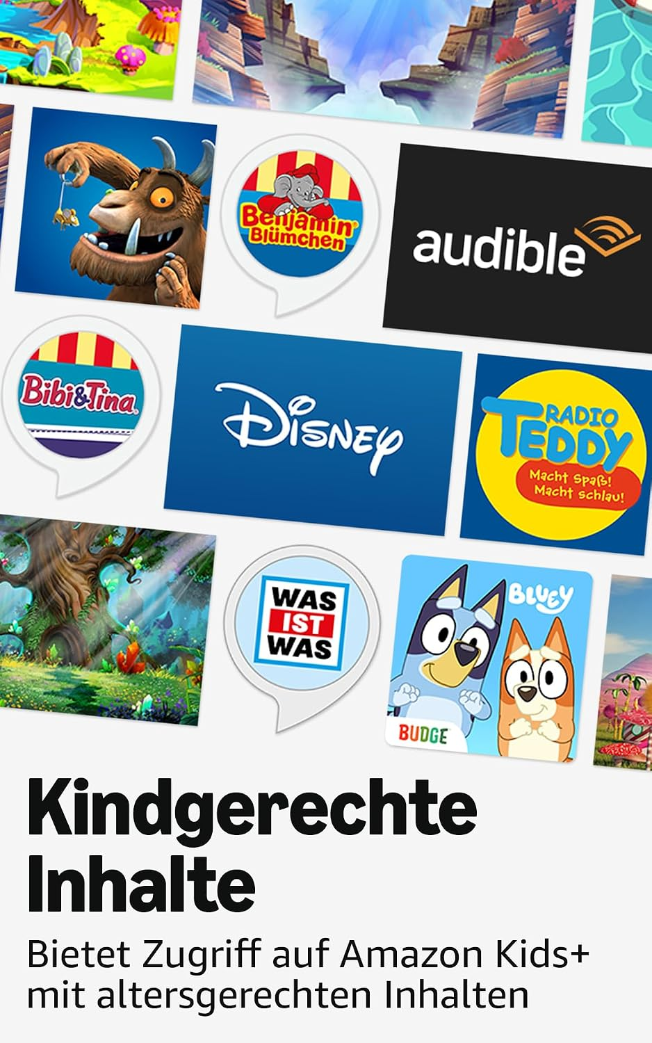 Verschiedene Kindermedien-Logos und Figuren auf weißem Hintergrund mit deutschem Text.
