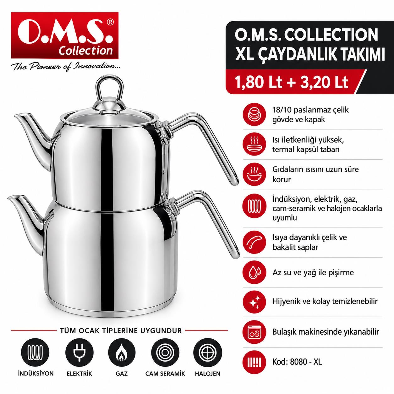 1.80 L ve 3.20 L paslanmaz çelik iki katlı çaydanlık, özellikler ve logo ile.