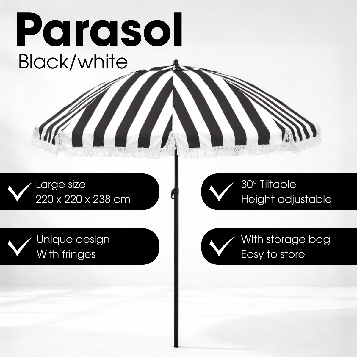A black and white striped parasol with fringes, surrounded by product features on a white background.