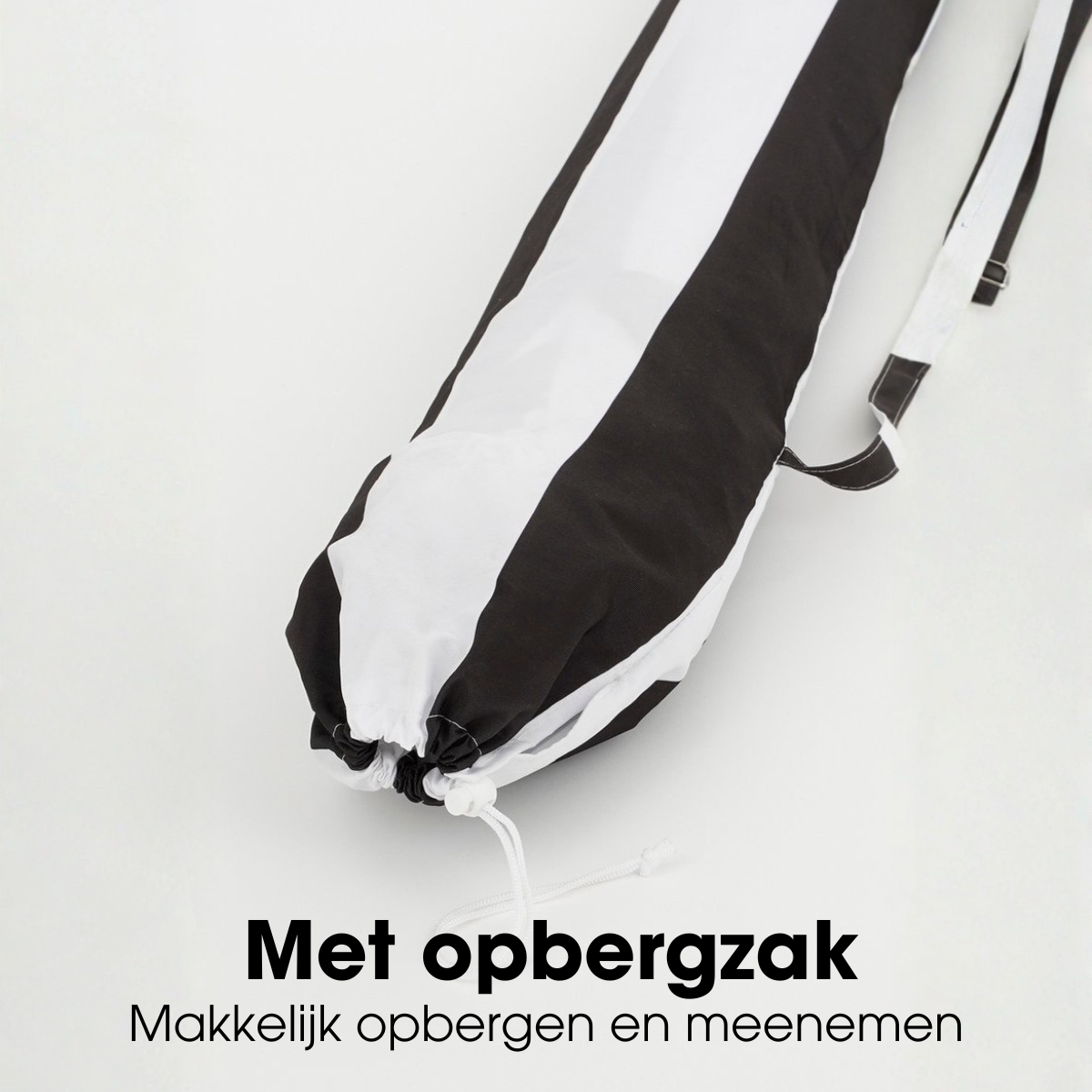 A black and white striped storage bag with a drawstring on a white background with text below.