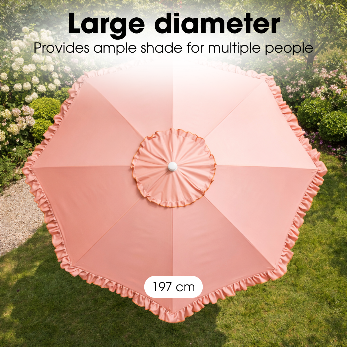 A pink ruffled parasol photographed from above over a garden.